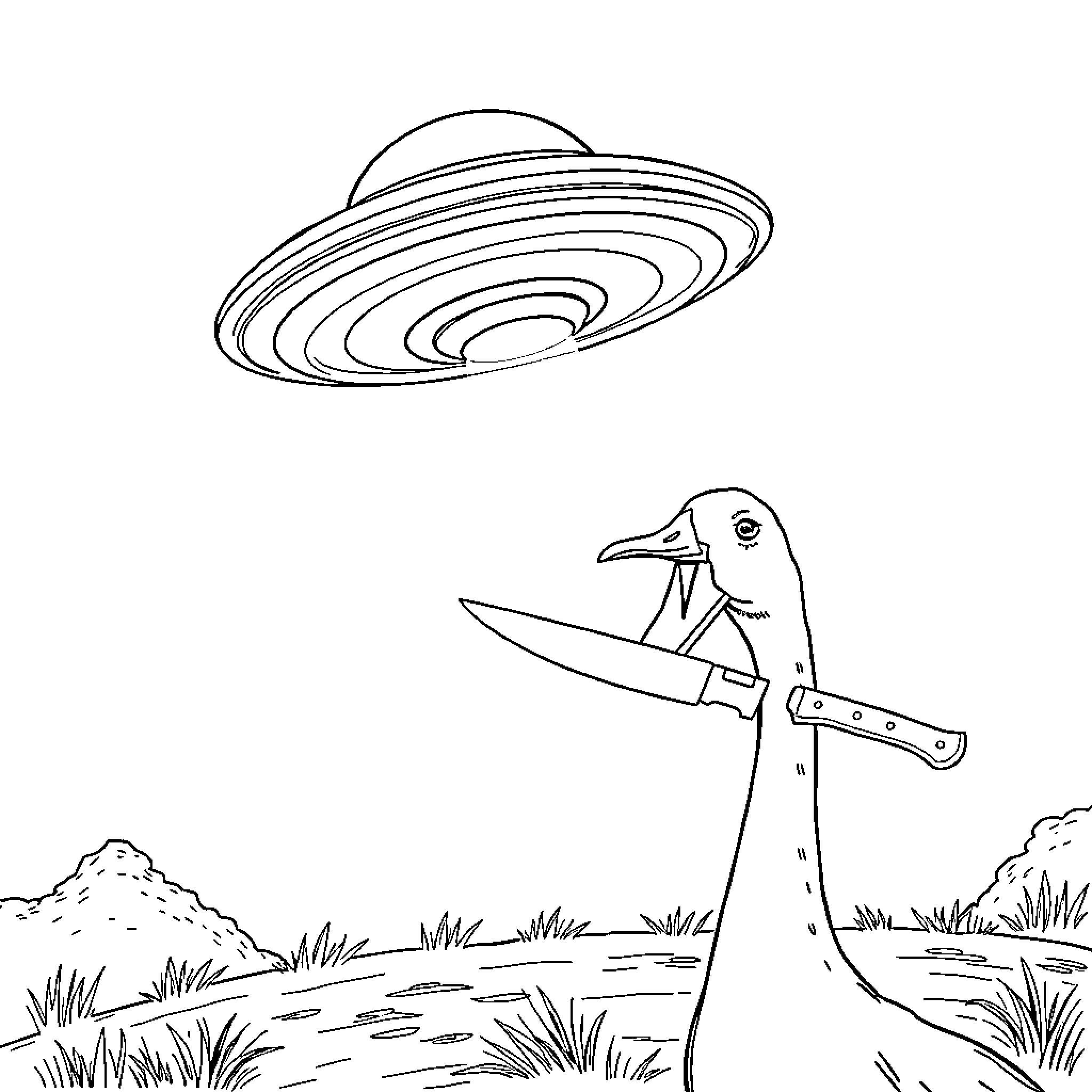 UFO observes curious bird with knife Coloring Page (free black-and-white line drawing printable PDF for all, from beginners to advanced learners, including children, teens, adults, and seniors)