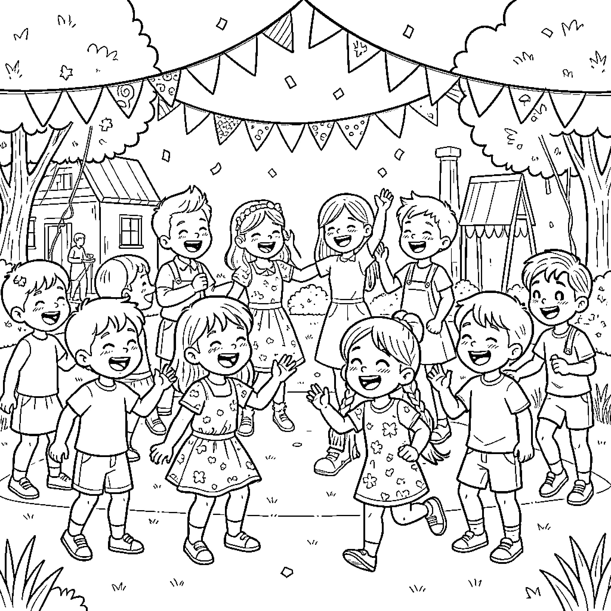 Ballet-themed Children's Party in the Park Coloring Page (free black-and-white line drawing printable PDF for all, from beginners to advanced learners, including children, teens, adults, and seniors)
