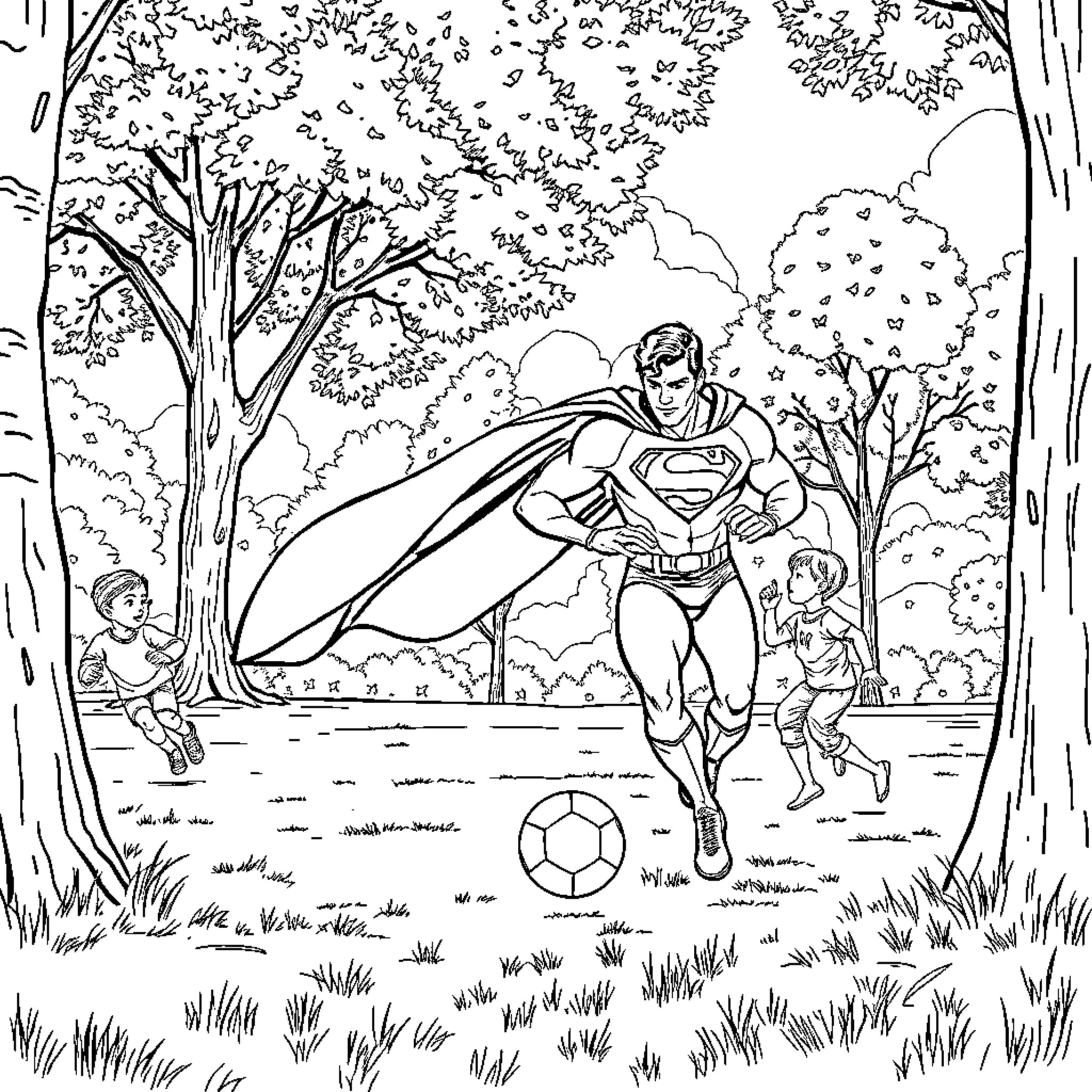 Superman playing soccer with children in the park Coloring Page (free black-and-white line drawing printable PDF for all, from beginners to advanced learners, including children, teens, adults, and seniors)