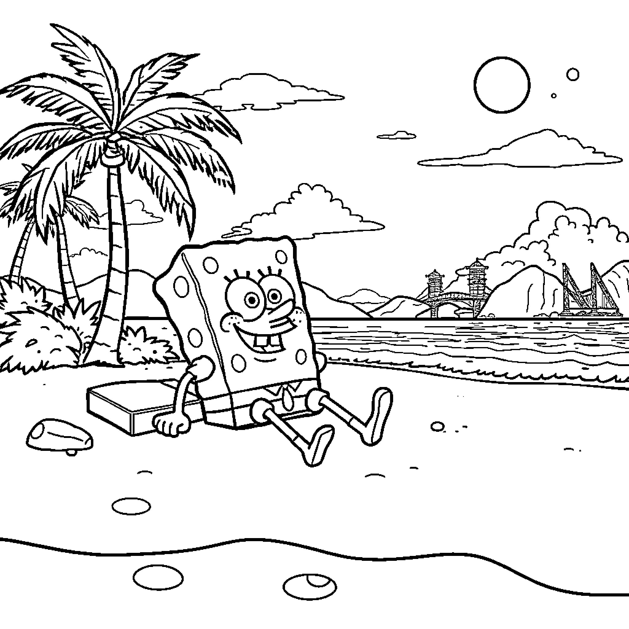 Spongebob enjoying a day at the beach Coloring Page (free black-and-white line drawing printable PDF for all, from beginners to advanced learners, including children, teens, adults, and seniors)