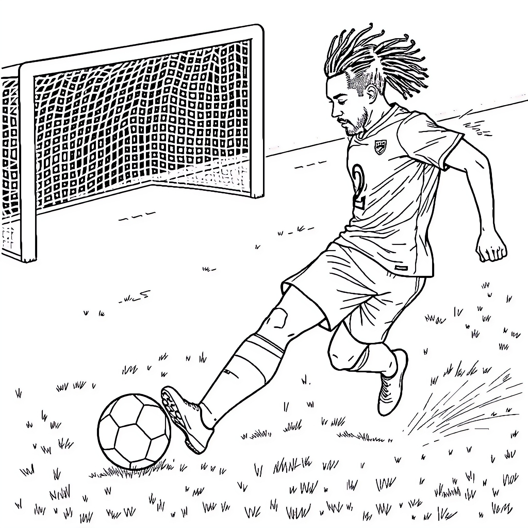 Jalen Hurts kicking soccer ball near goal post Coloring Page (free black-and-white line drawing printable PDF for all, from beginners to advanced learners, including children, teens, adults, and seniors)