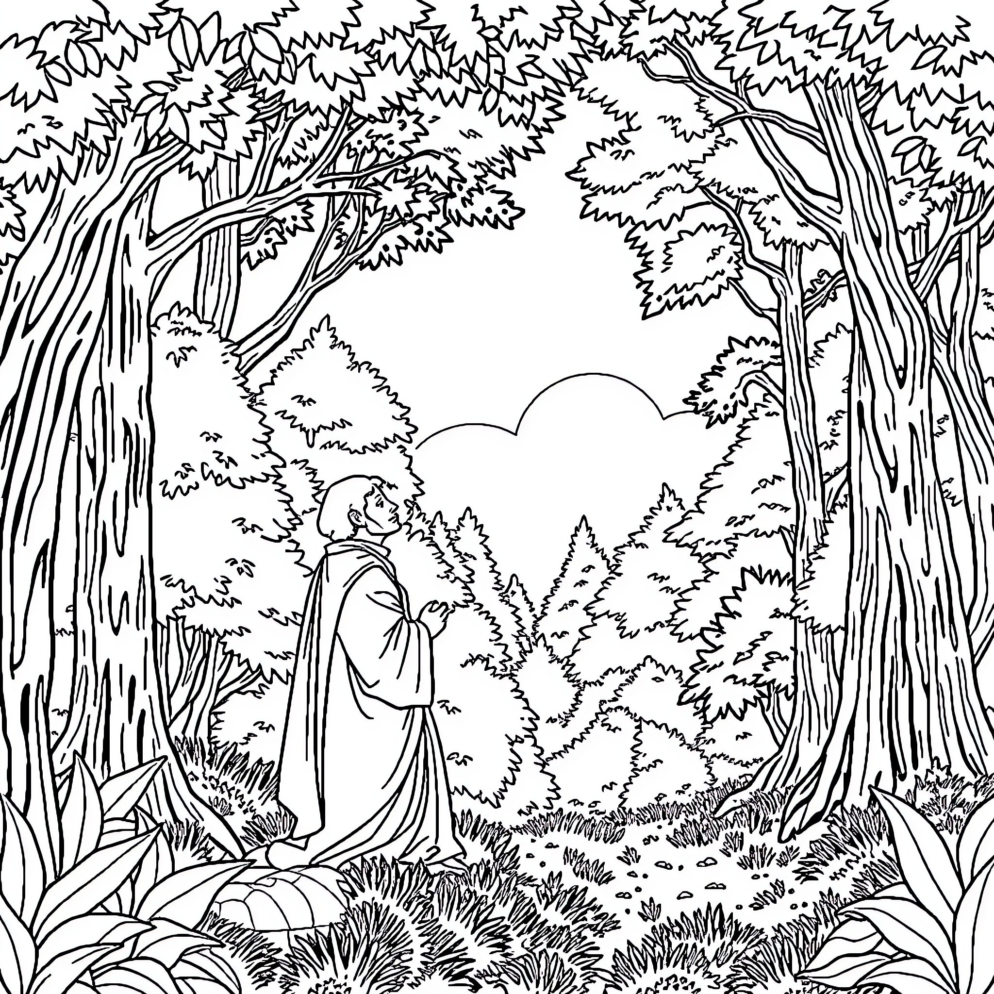 Muslim figure in serene forest landscape Coloring Page (free black-and-white line drawing printable PDF for all, from beginners to advanced learners, including children, teens, adults, and seniors)