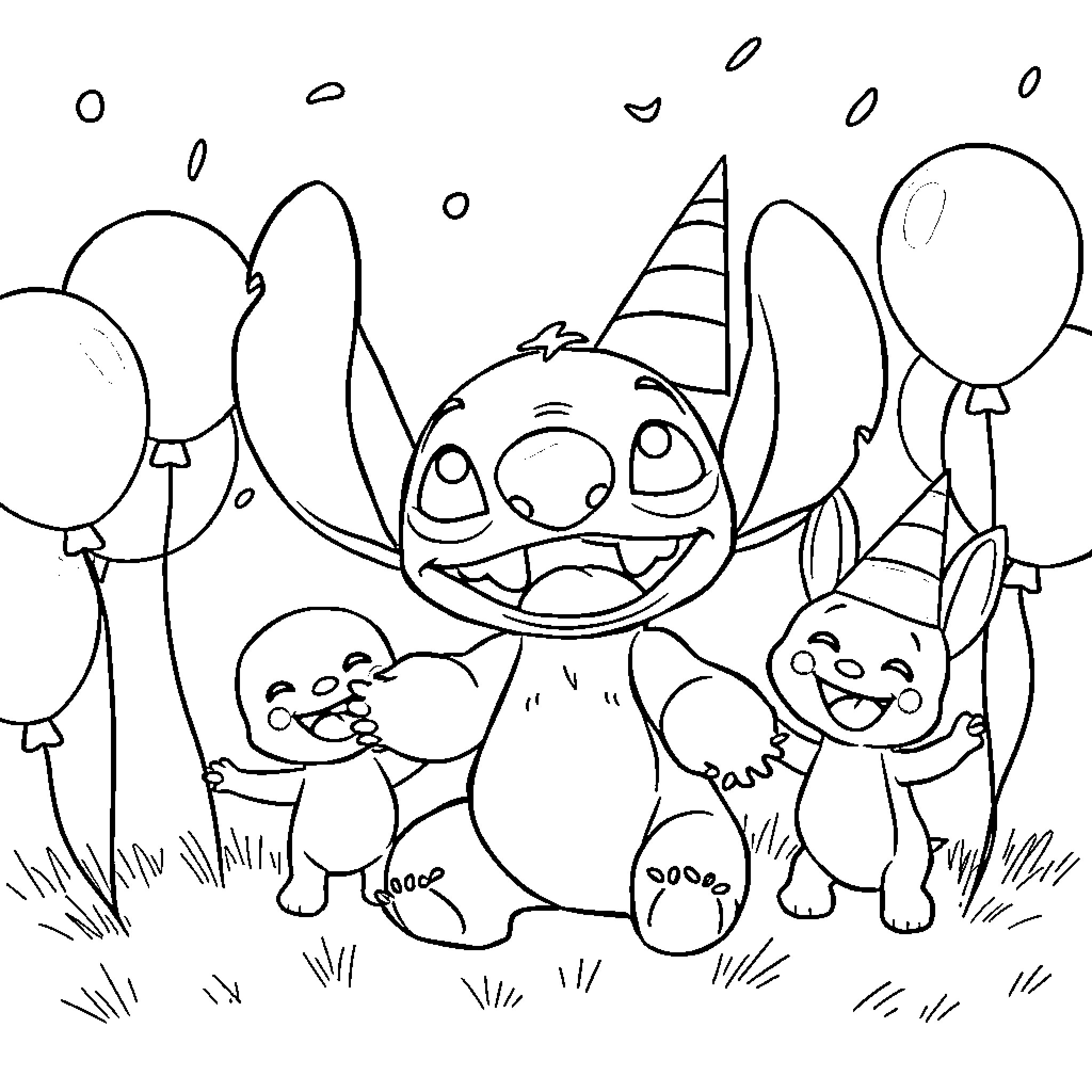 Stitch and friends celebrating with balloons Coloring Page (free black-and-white line drawing printable PDF for all, from beginners to advanced learners, including children, teens, adults, and seniors)