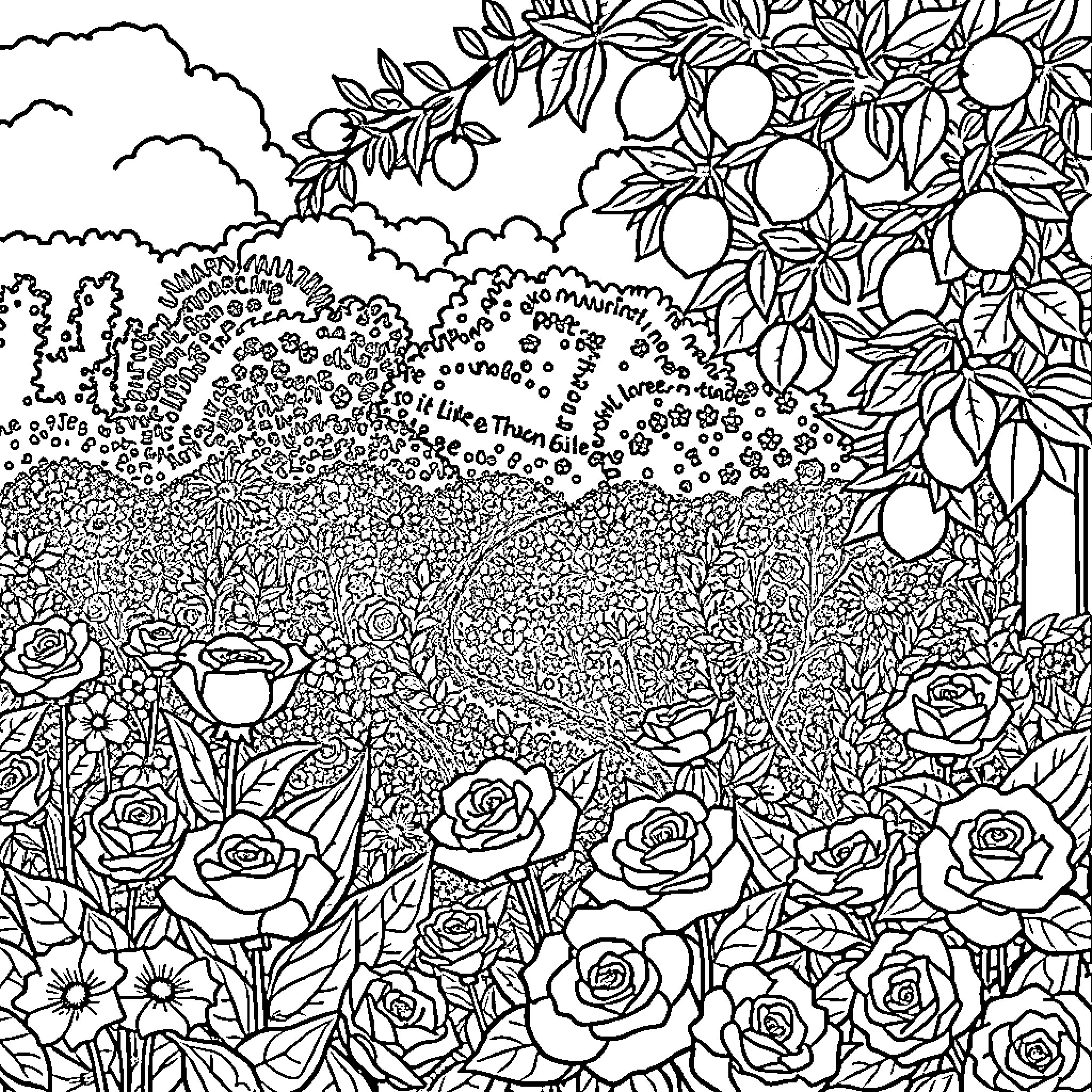 Flower Garden with Blooming Roses and Foliage Coloring Page (free black-and-white line drawing printable PDF for all, from beginners to advanced learners, including children, teens, adults, and seniors)