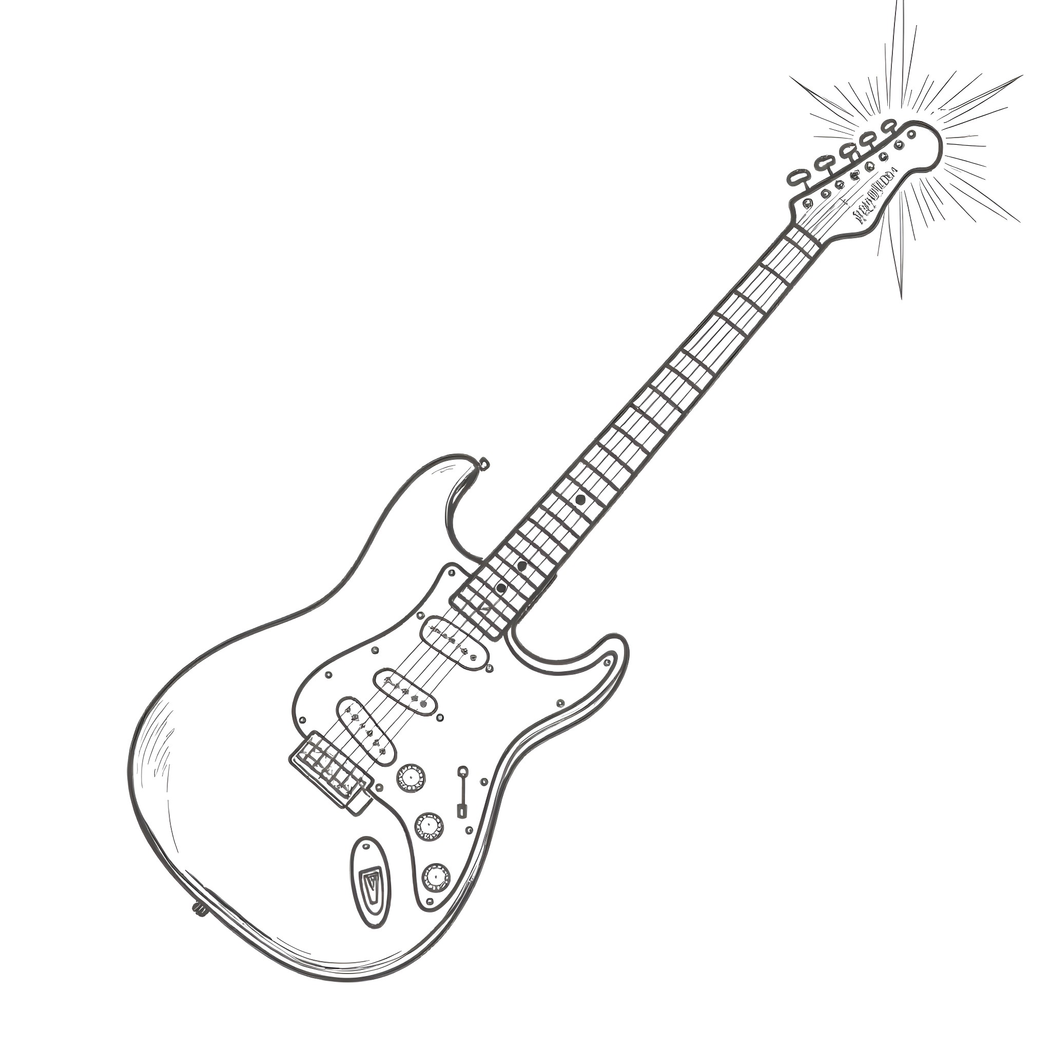 Electric Guitar Playing with Bright Gleam Coloring Page (free black-and-white line drawing printable PDF for all, from beginners to advanced learners, including children, teens, adults, and seniors)