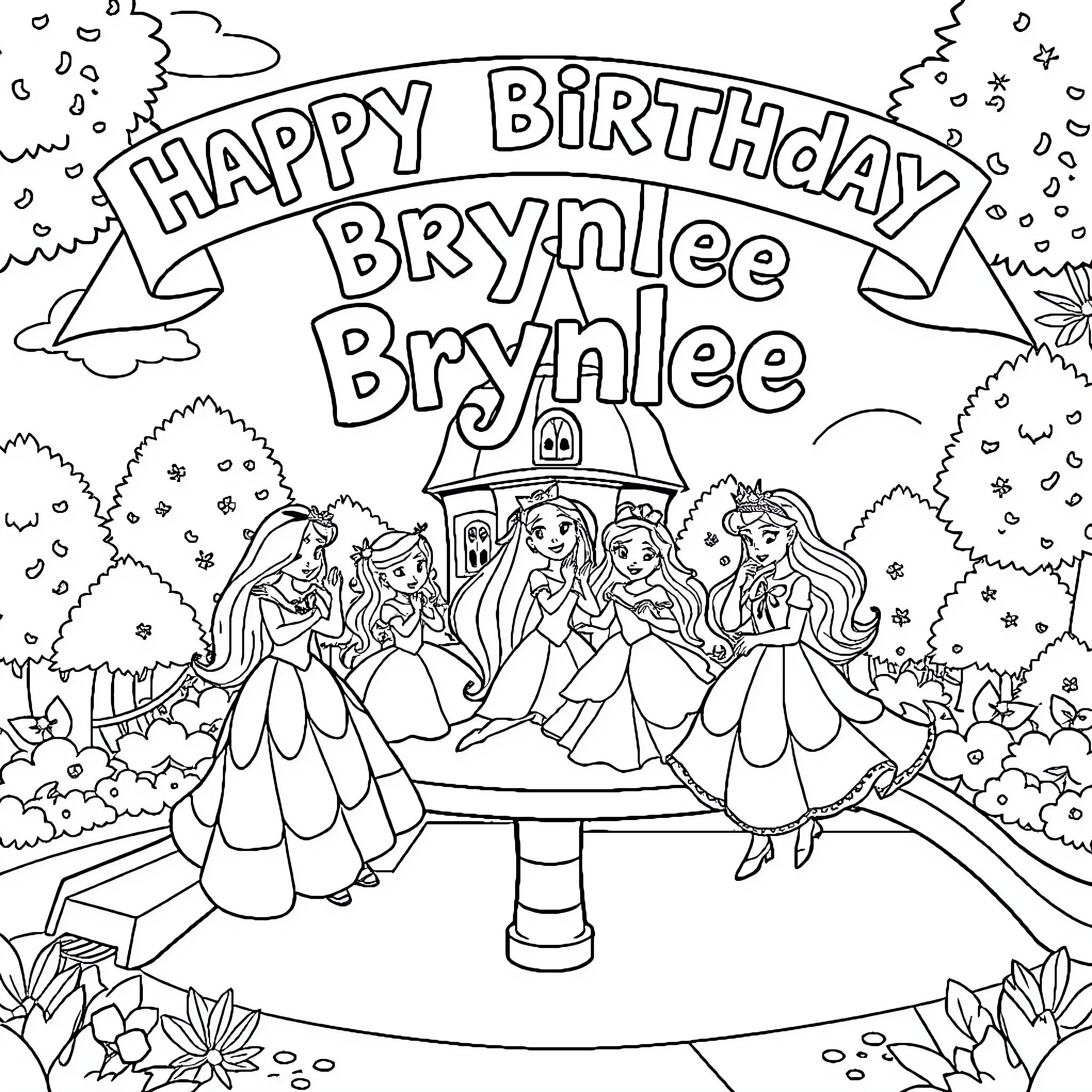 Princess' Happy Birthday Celebration with Friends Coloring Page (free black-and-white line drawing printable PDF for all, from beginners to advanced learners, including children, teens, adults, and seniors)