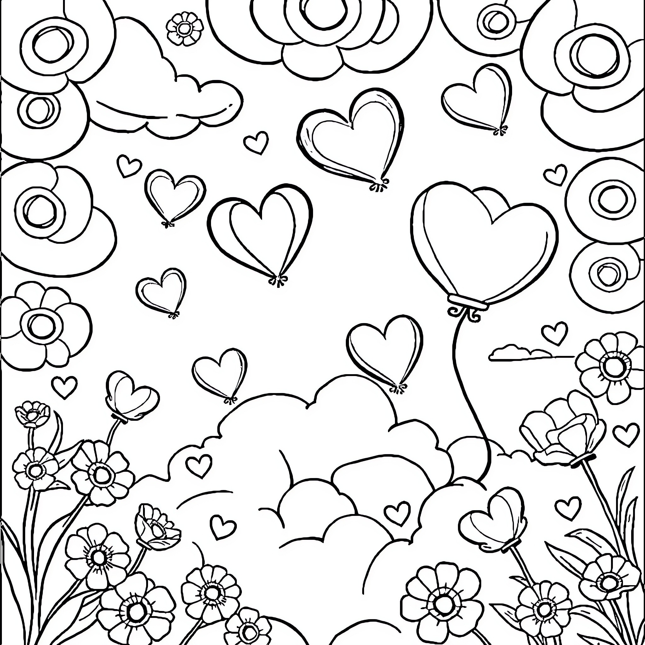 Heart-shaped balloons and floral patterns Coloring Page (free black-and-white line drawing printable PDF for all, from beginners to advanced learners, including children, teens, adults, and seniors)