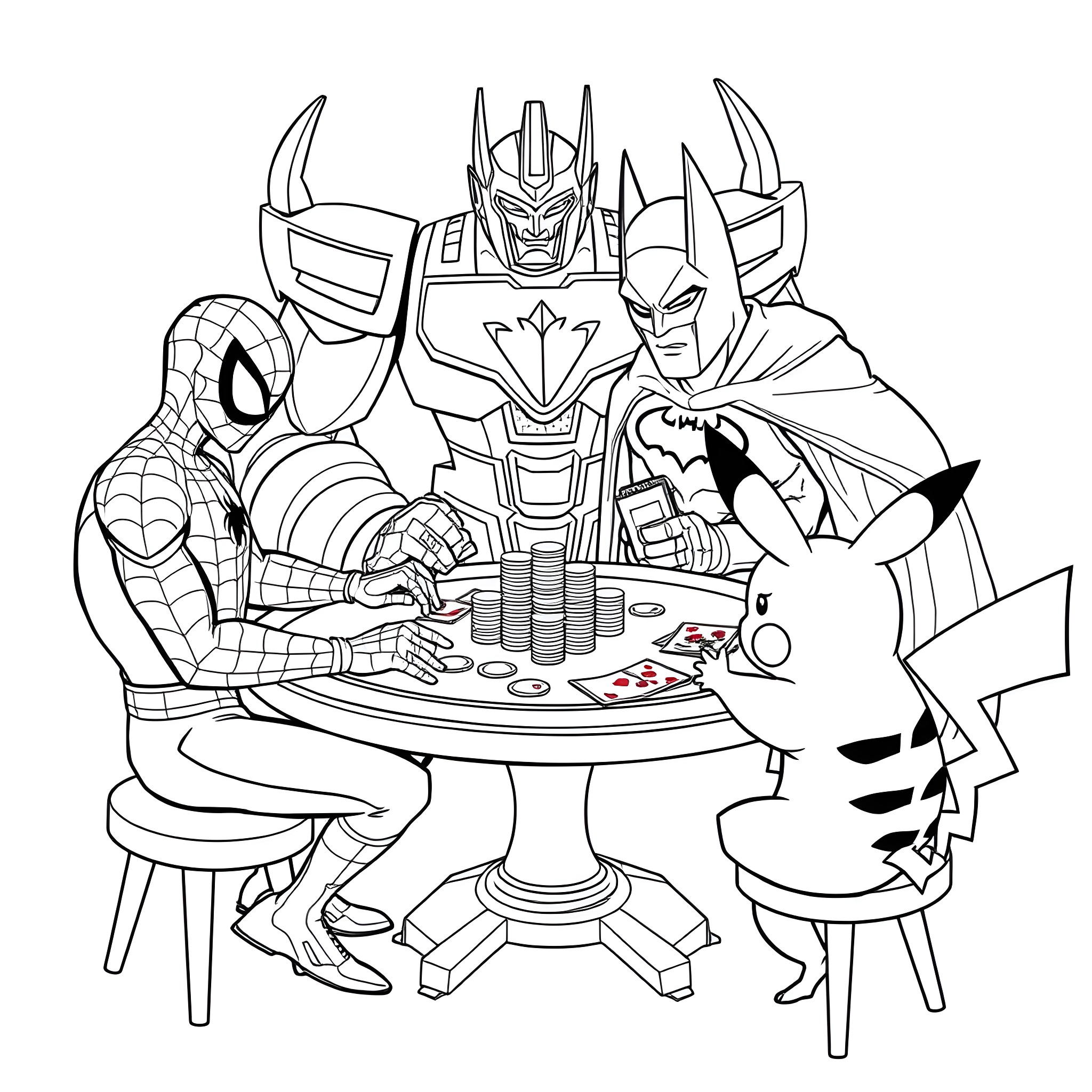 Superhero Characters Playing Card Game Together Coloring Page (free black-and-white line drawing printable PDF for all, from beginners to advanced learners, including children, teens, adults, and seniors)