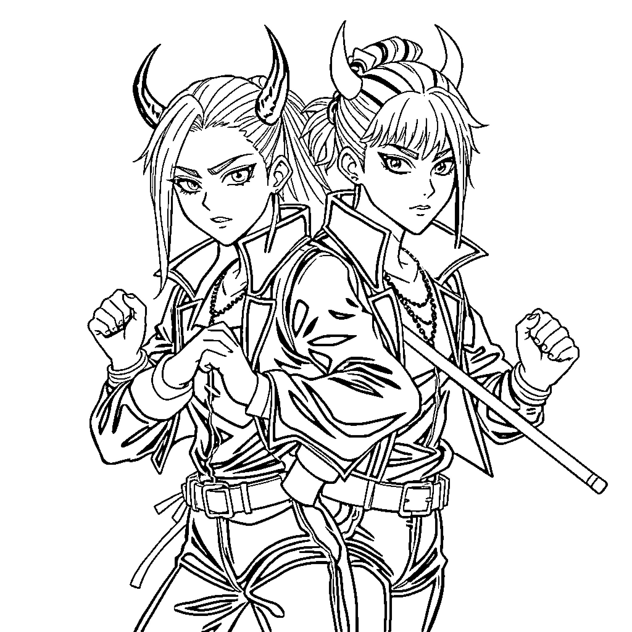 K-POP Demon Hunters in Fierce Poses Coloring Page (free black-and-white line drawing printable PDF for all, from beginners to advanced learners, including children, teens, adults, and seniors)