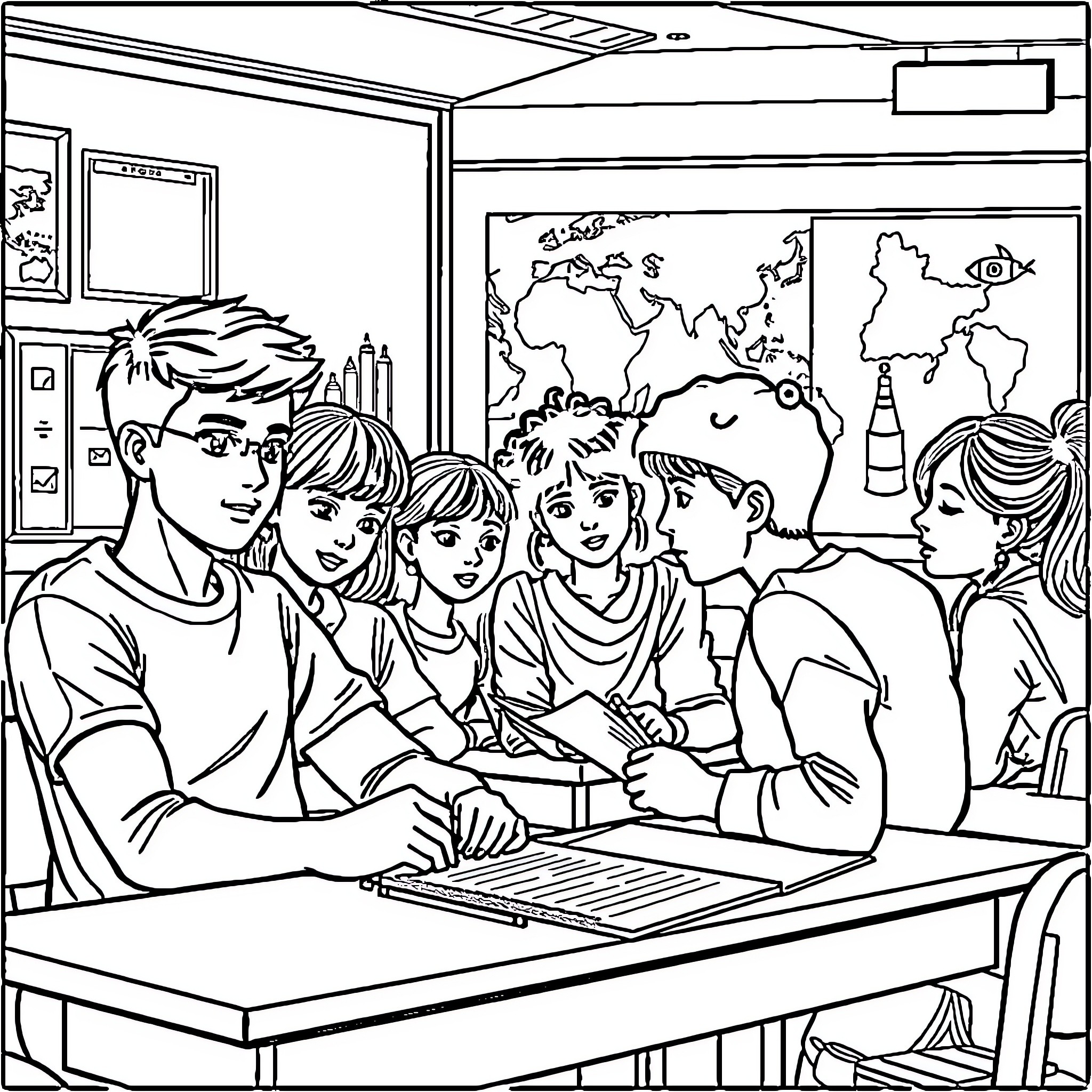 Study Abroad Students Discussing World Map in Classroom Coloring Page (free black-and-white line drawing printable PDF for all, from beginners to advanced learners, including children, teens, adults, and seniors)