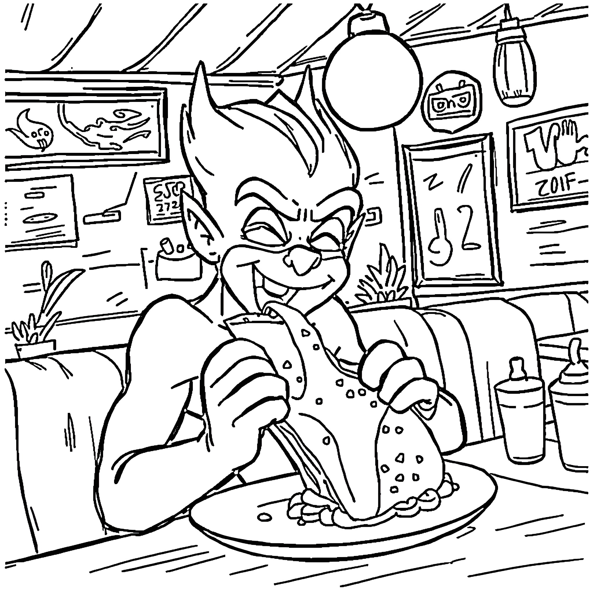 Flash Troll Feasting Gleefully in Messy Room Coloring Page (free black-and-white line drawing printable PDF for all, from beginners to advanced learners, including children, teens, adults, and seniors)