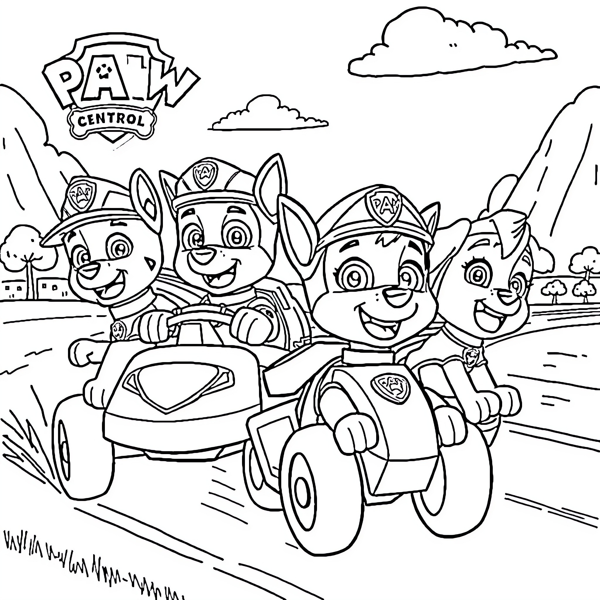 Paw Patrol driving vehicles on an adventure Coloring Page (free black-and-white line drawing printable PDF for all, from beginners to advanced learners, including children, teens, adults, and seniors)