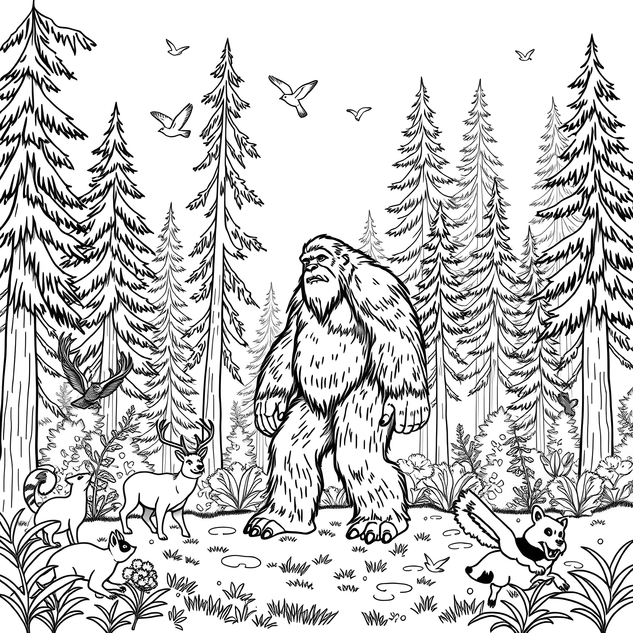 Bigfoot exploring the enchanted forest with wildlife Coloring Page (free black-and-white line drawing printable PDF for all, from beginners to advanced learners, including children, teens, adults, and seniors)