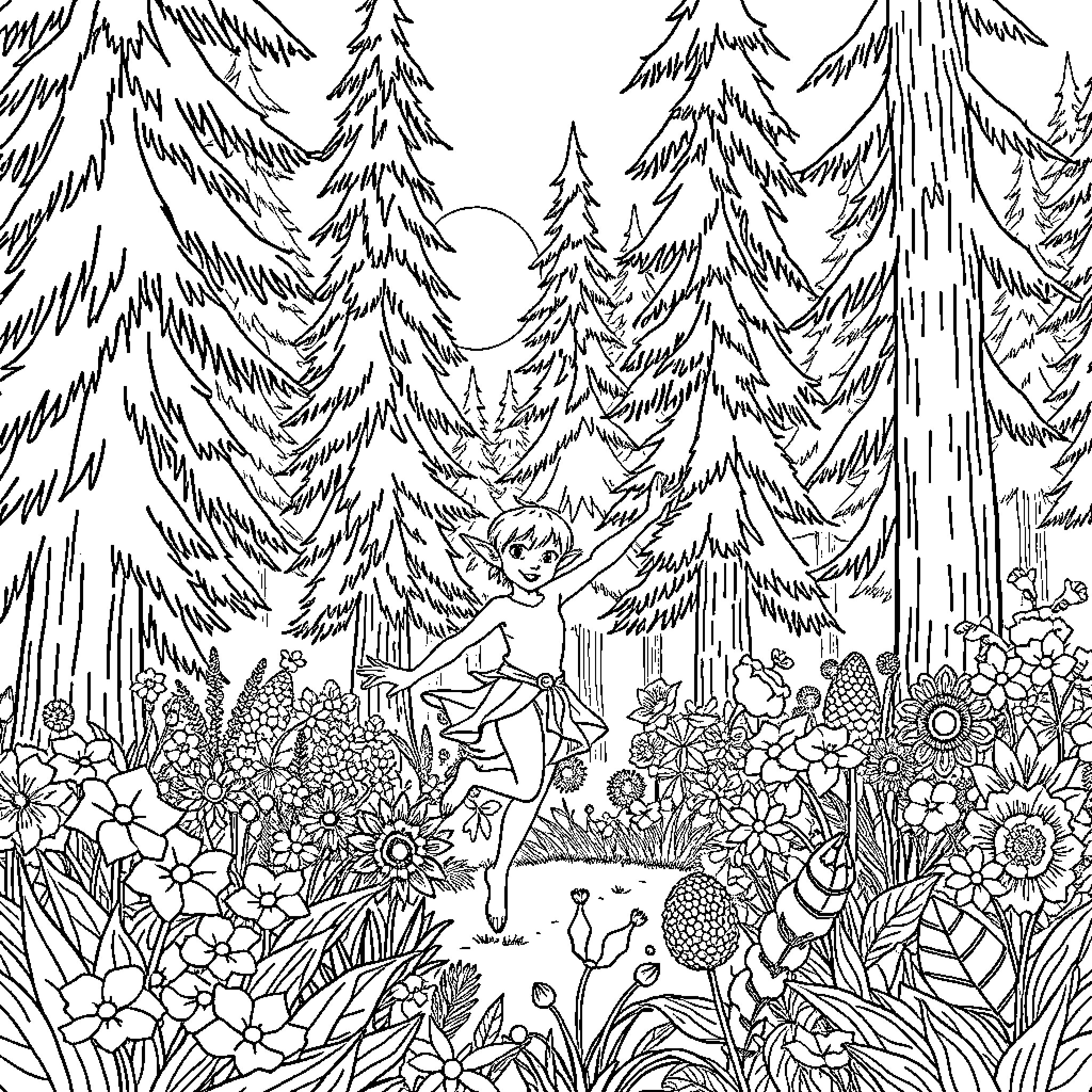 Elf wandering joyfully through enchanted forest Coloring Page (free black-and-white line drawing printable PDF for all, from beginners to advanced learners, including children, teens, adults, and seniors)