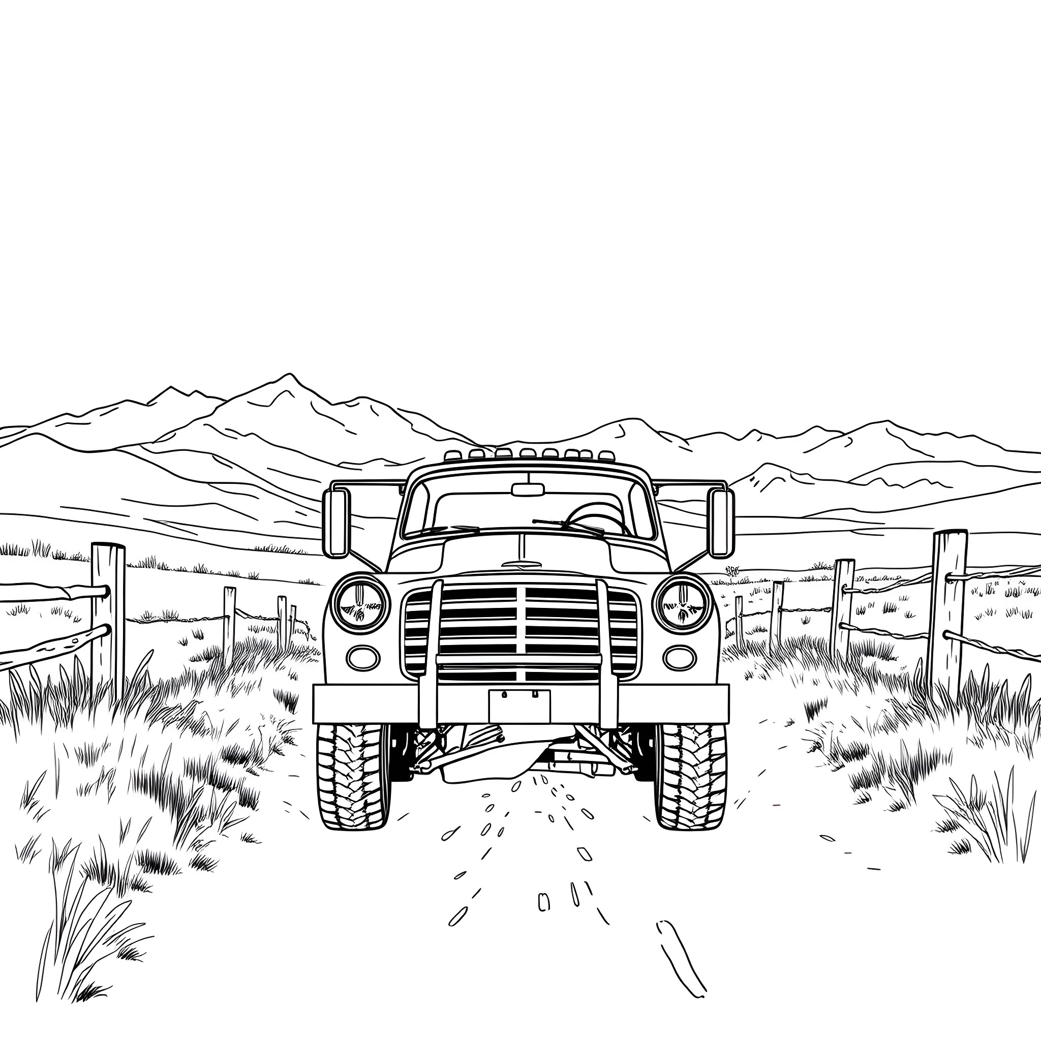 Truck driving through a rugged landscape Coloring Page (free black-and-white line drawing printable PDF for all, from beginners to advanced learners, including children, teens, adults, and seniors)