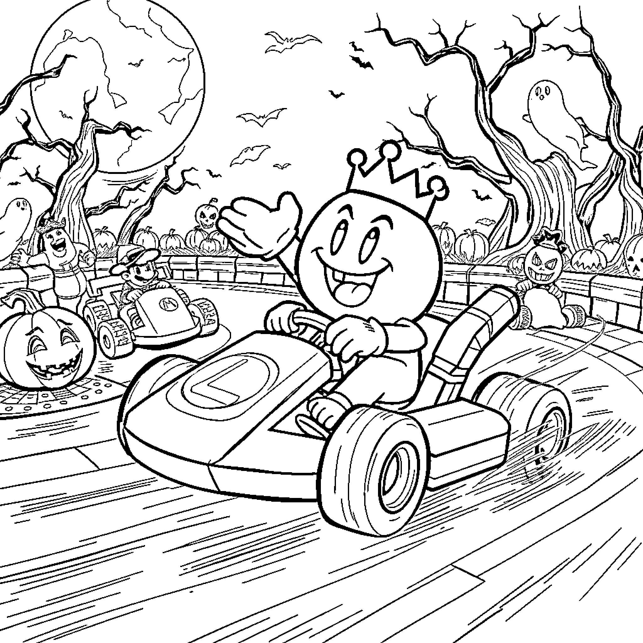 King Boo's Spooky Kart Race in the Haunted Landscape Coloring Page (free black-and-white line drawing printable PDF for all, from beginners to advanced learners, including children, teens, adults, and seniors)