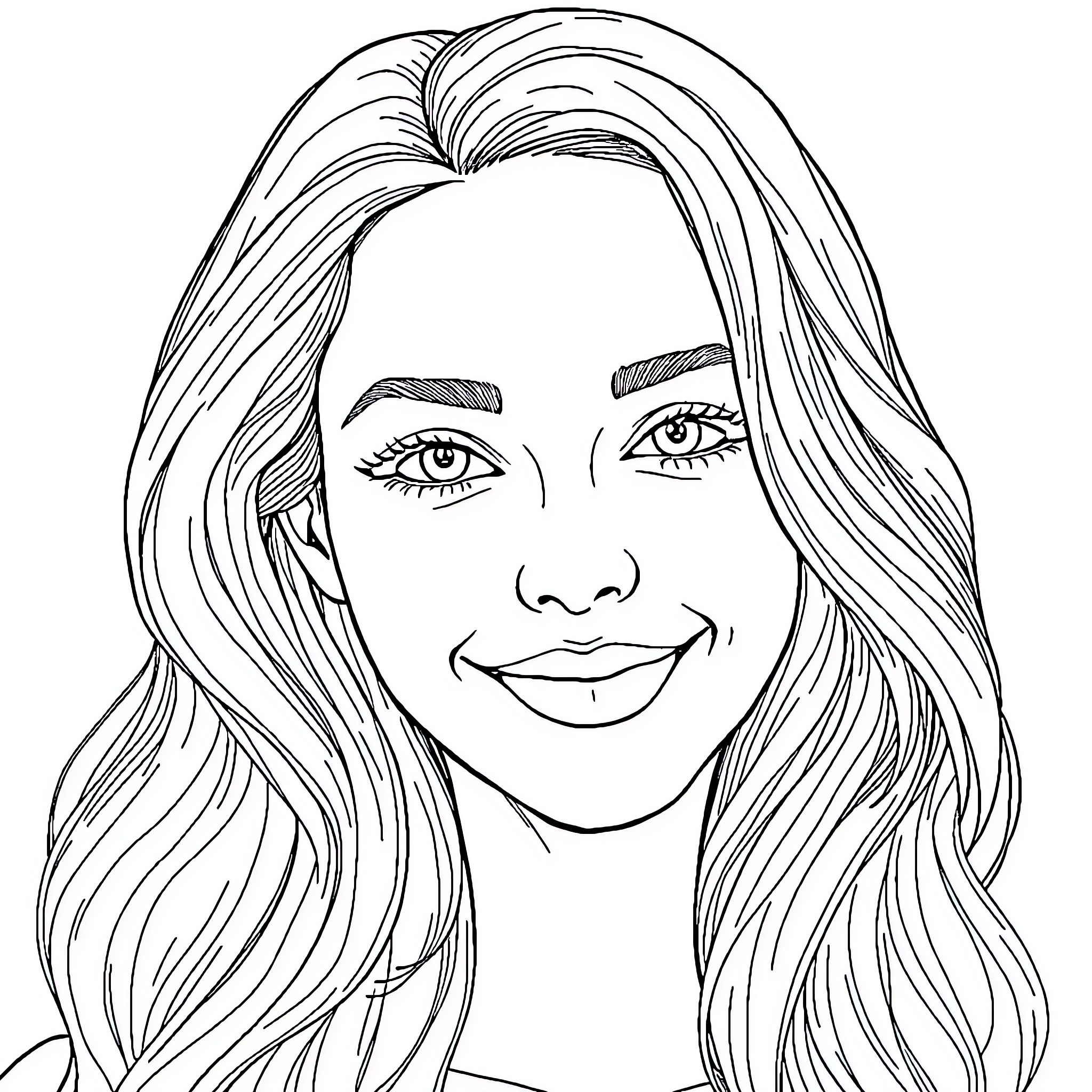 Female with long hair and smiling expression Coloring Page (free black-and-white line drawing printable PDF for all, from beginners to advanced learners, including children, teens, adults, and seniors)