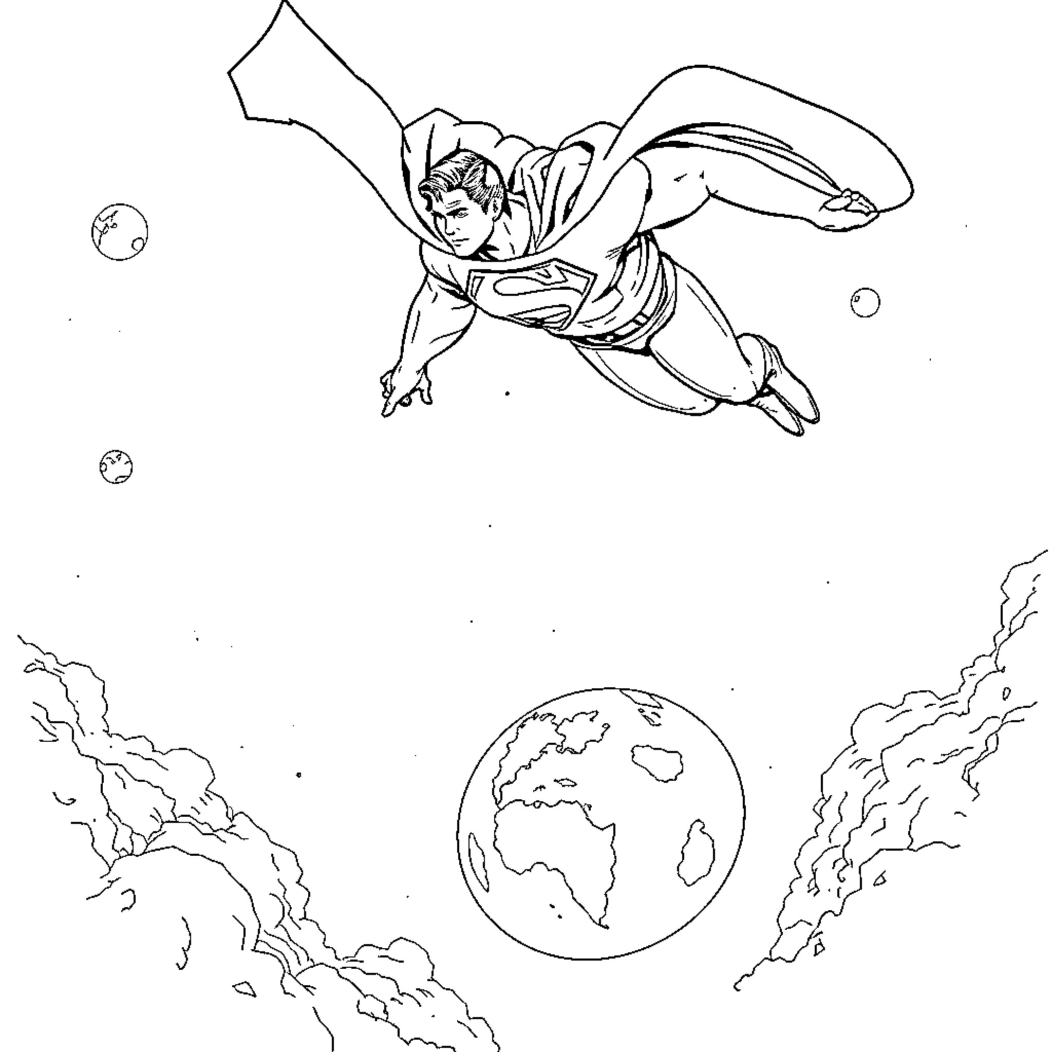Superman flying through the sky with determination Coloring Page (free black-and-white line drawing printable PDF for all, from beginners to advanced learners, including children, teens, adults, and seniors)