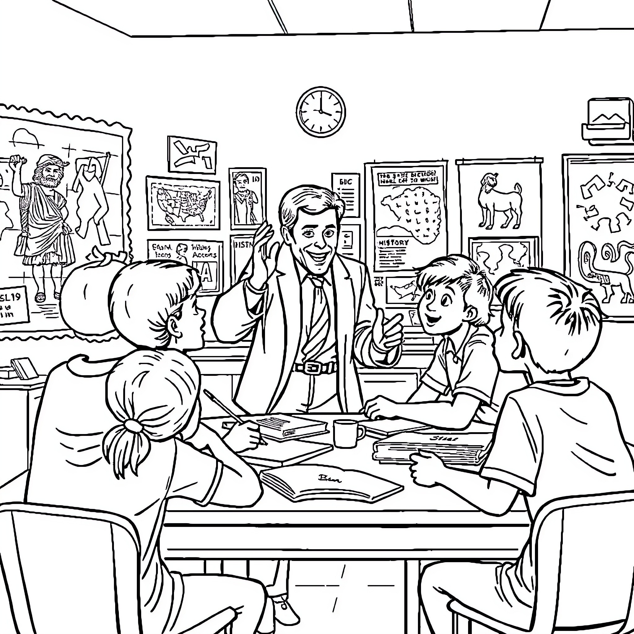 Teacher Guiding Students in Classroom Coloring Page (free black-and-white line drawing printable PDF for all, from beginners to advanced learners, including children, teens, adults, and seniors)