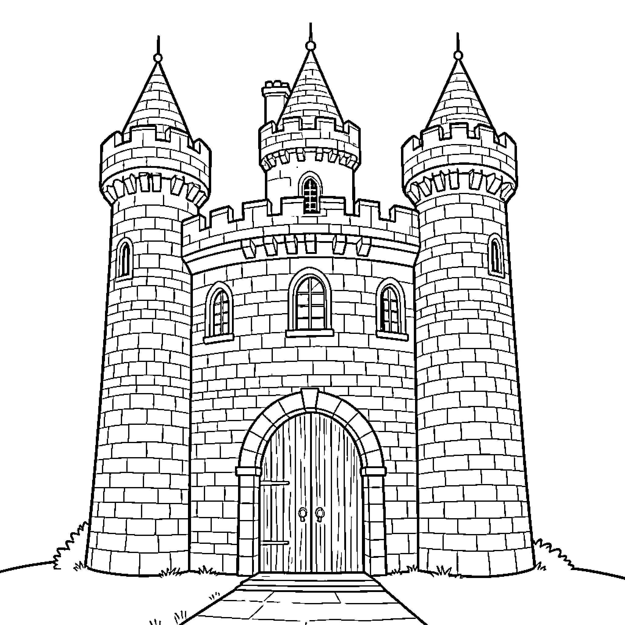 Castle with Ornate Towers and Archway Entrance Coloring Page (free black-and-white line drawing printable PDF for all, from beginners to advanced learners, including children, teens, adults, and seniors)