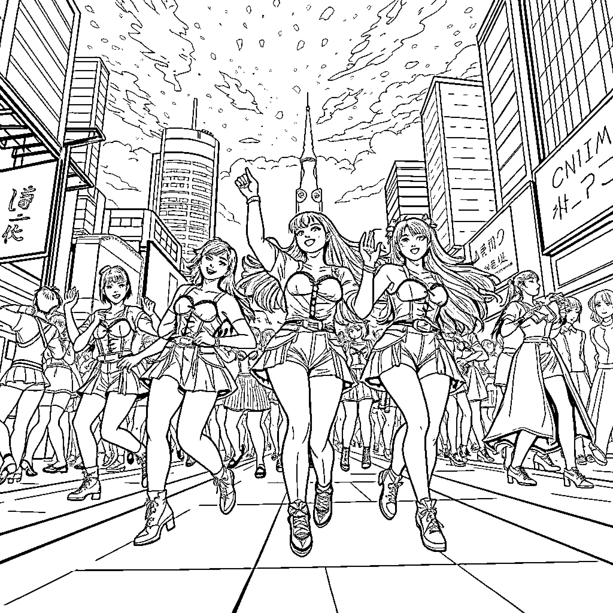 K Pop Warrior Superstar Girls Performing on Stage Coloring Page (free black-and-white line drawing printable PDF for all, from beginners to advanced learners, including children, teens, adults, and seniors)