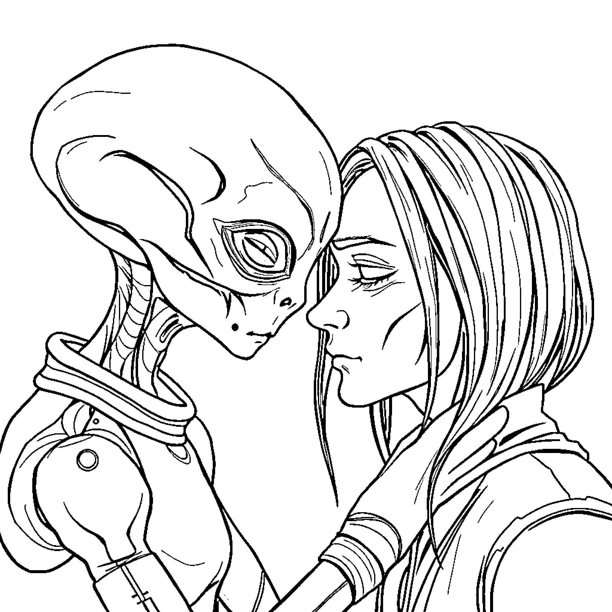 Alien duo in intimate embrace Coloring Page (free black-and-white line drawing printable PDF for all, from beginners to advanced learners, including children, teens, adults, and seniors)