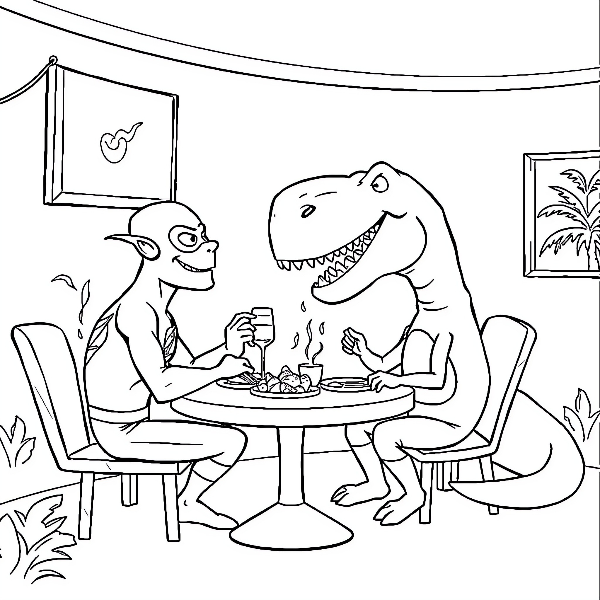 Flash Dining Dinosaurs Have an Amusing Encounter Coloring Page (free black-and-white line drawing printable PDF for all, from beginners to advanced learners, including children, teens, adults, and seniors)