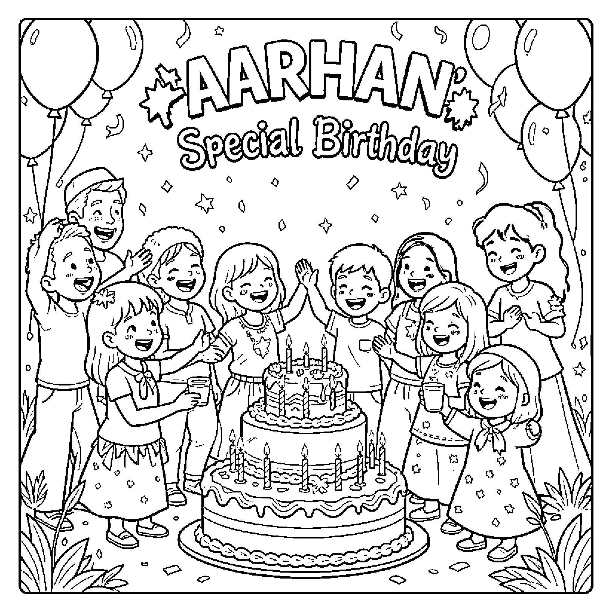 Aarhan celebrating a joyful birthday party with friends Coloring Page (free black-and-white line drawing printable PDF for all, from beginners to advanced learners, including children, teens, adults, and seniors)