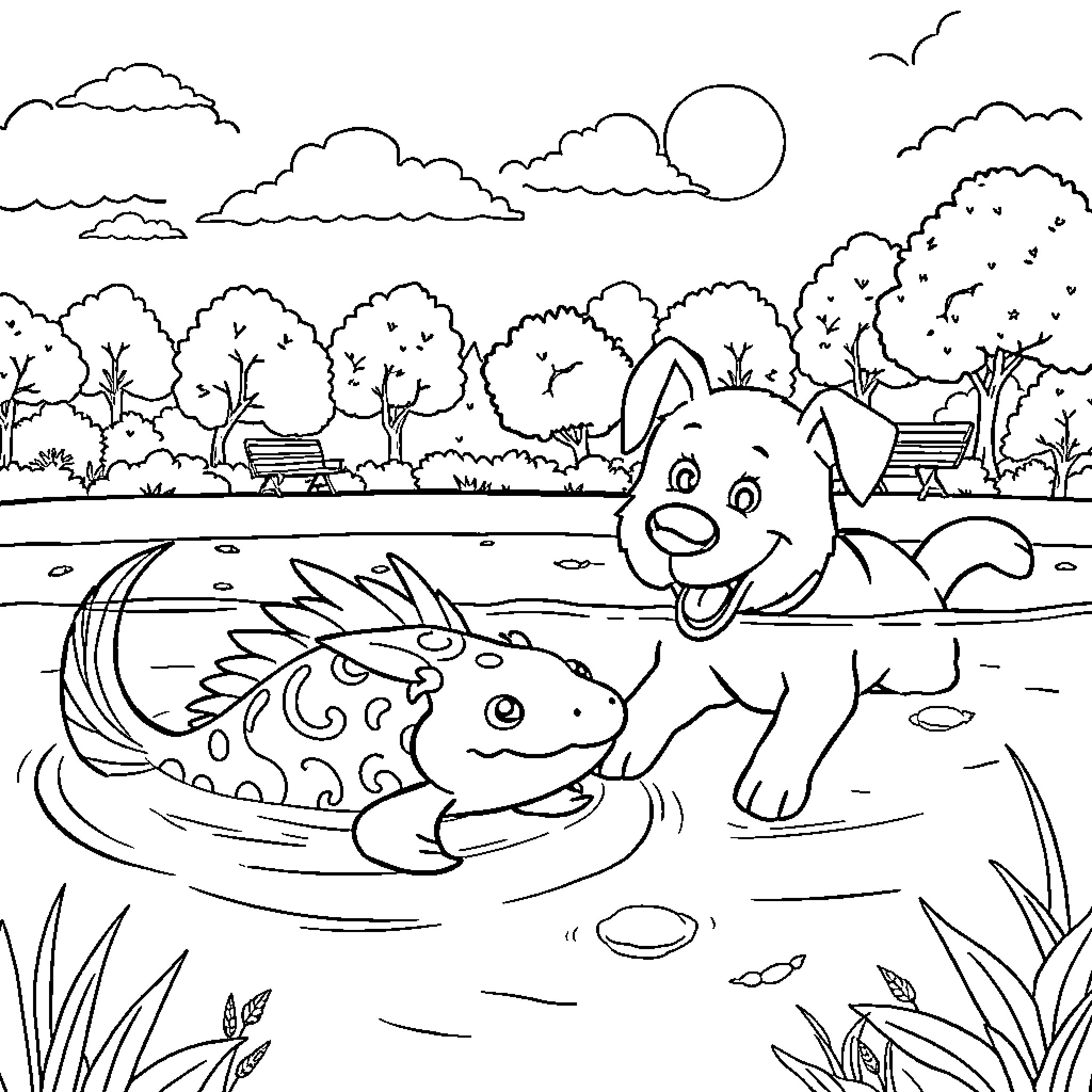 Axolotl and friends playing in the pond Coloring Page (free black-and-white line drawing printable PDF for all, from beginners to advanced learners, including children, teens, adults, and seniors)