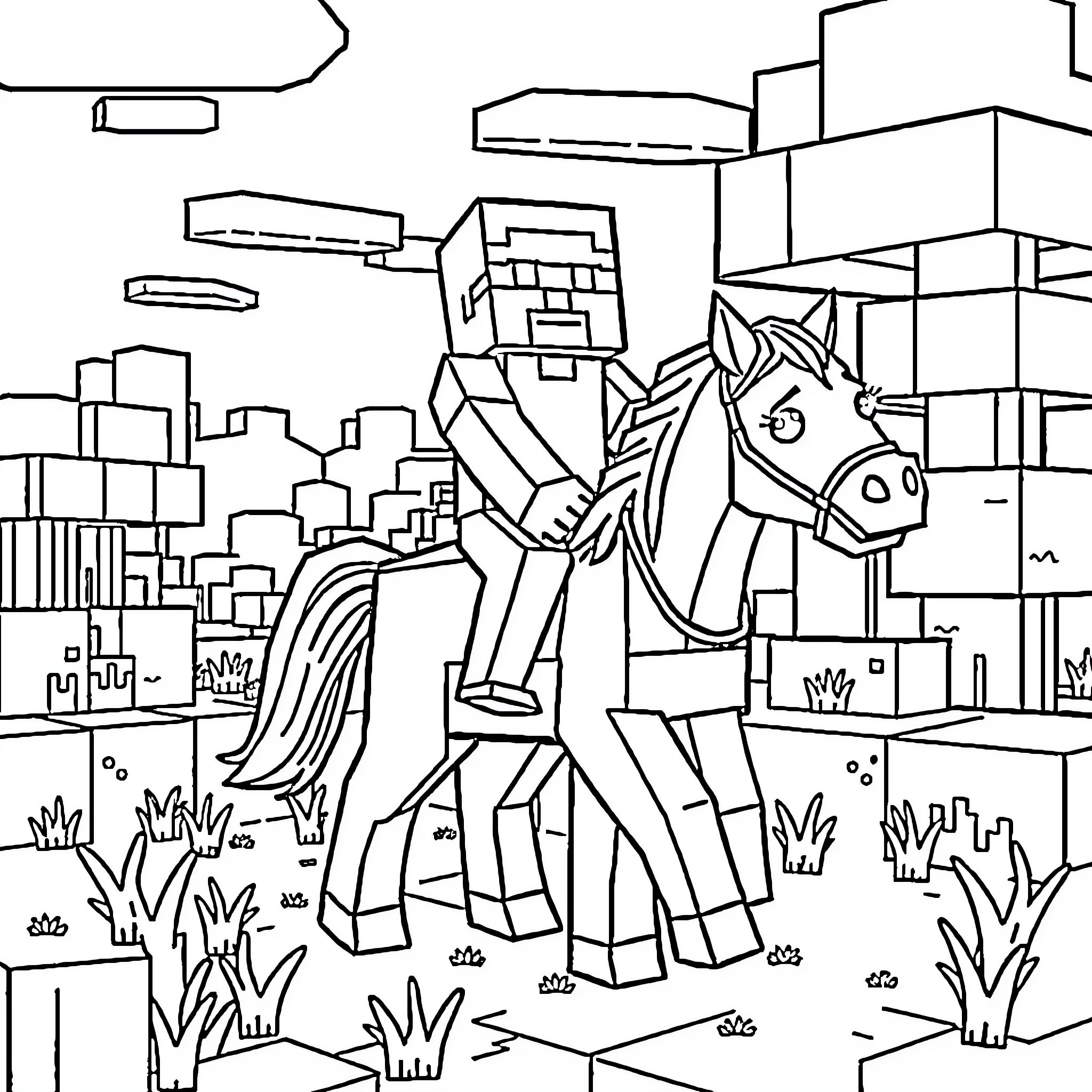 Minecraft Character Riding a Horse in Urban Landscape Coloring Page (free black-and-white line drawing printable PDF for all, from beginners to advanced learners, including children, teens, adults, and seniors)