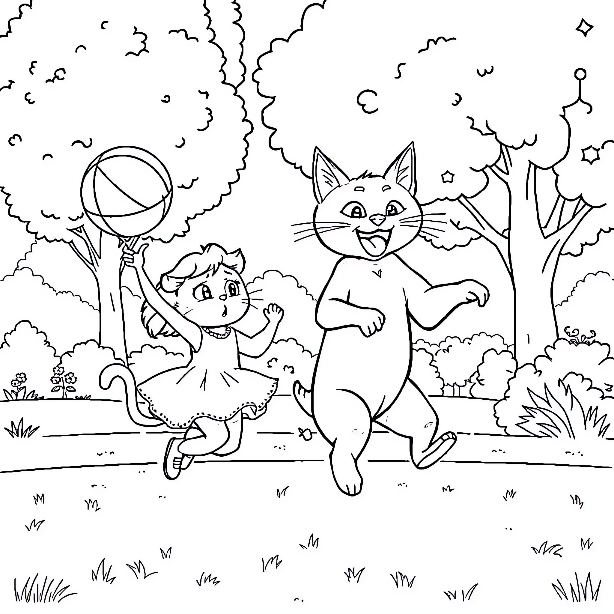 Ladybug playing joyfully with a child in the park Coloring Page (free black-and-white line drawing printable PDF for all, from beginners to advanced learners, including children, teens, adults, and seniors)