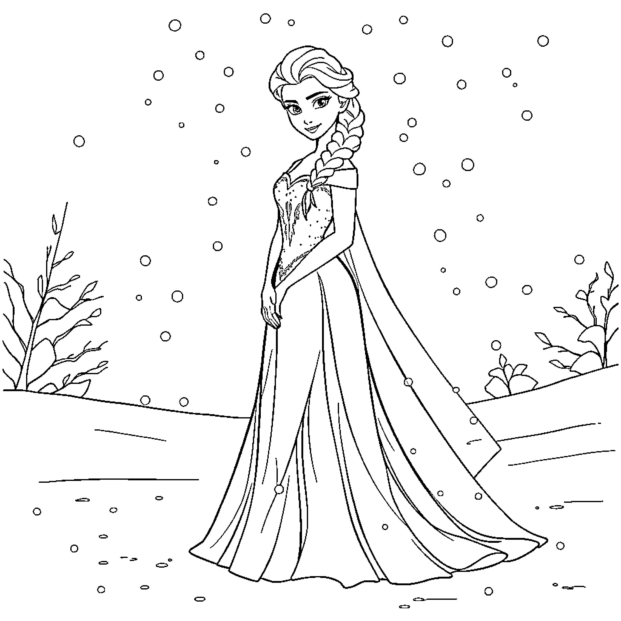 Elsa's Icy Elegance in the Snowy Landscape Coloring Page (free black-and-white line drawing printable PDF for all, from beginners to advanced learners, including children, teens, adults, and seniors)