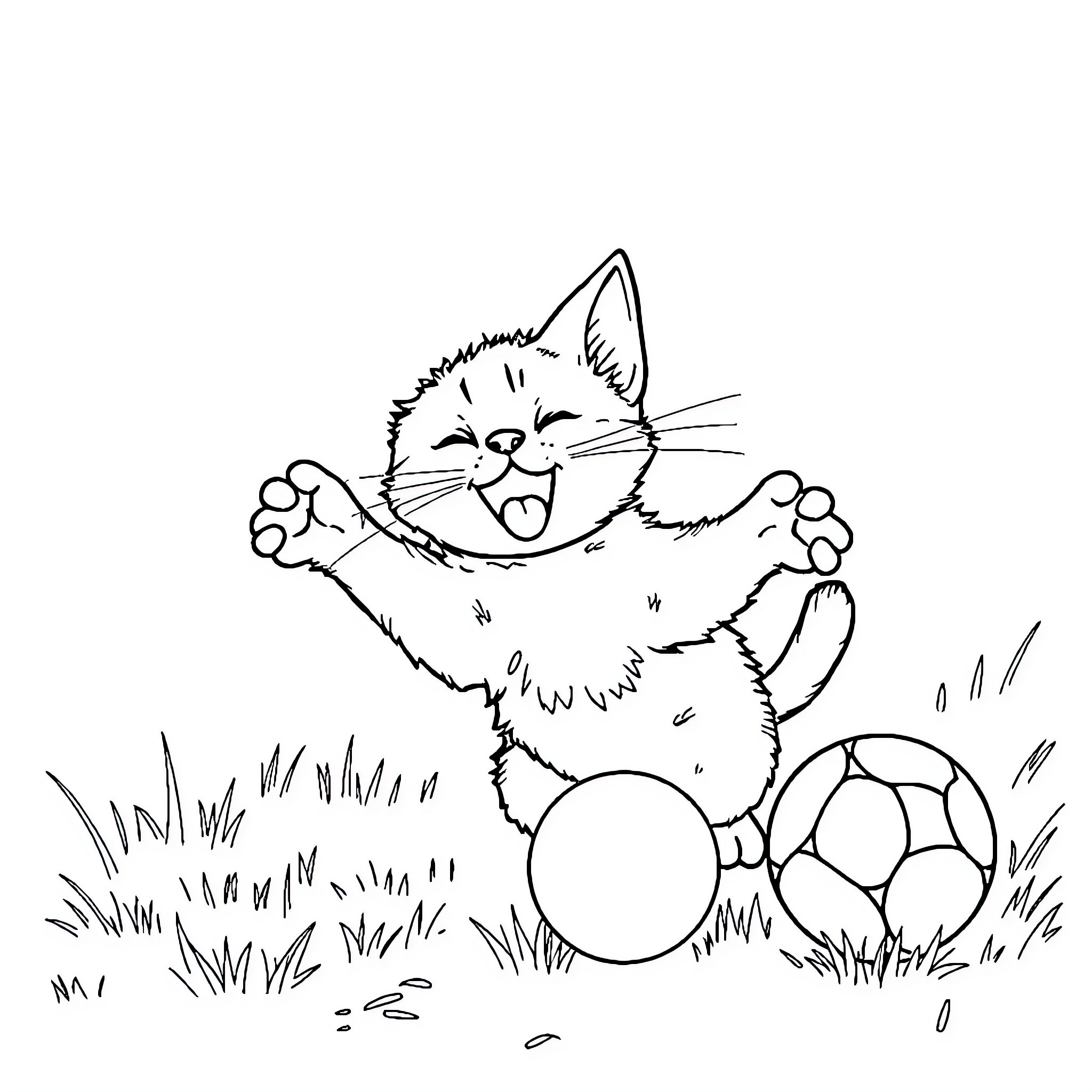 Cat playing joyfully with soccer balls in the grass Coloring Page (free black-and-white line drawing printable PDF for all, from beginners to advanced learners, including children, teens, adults, and seniors)