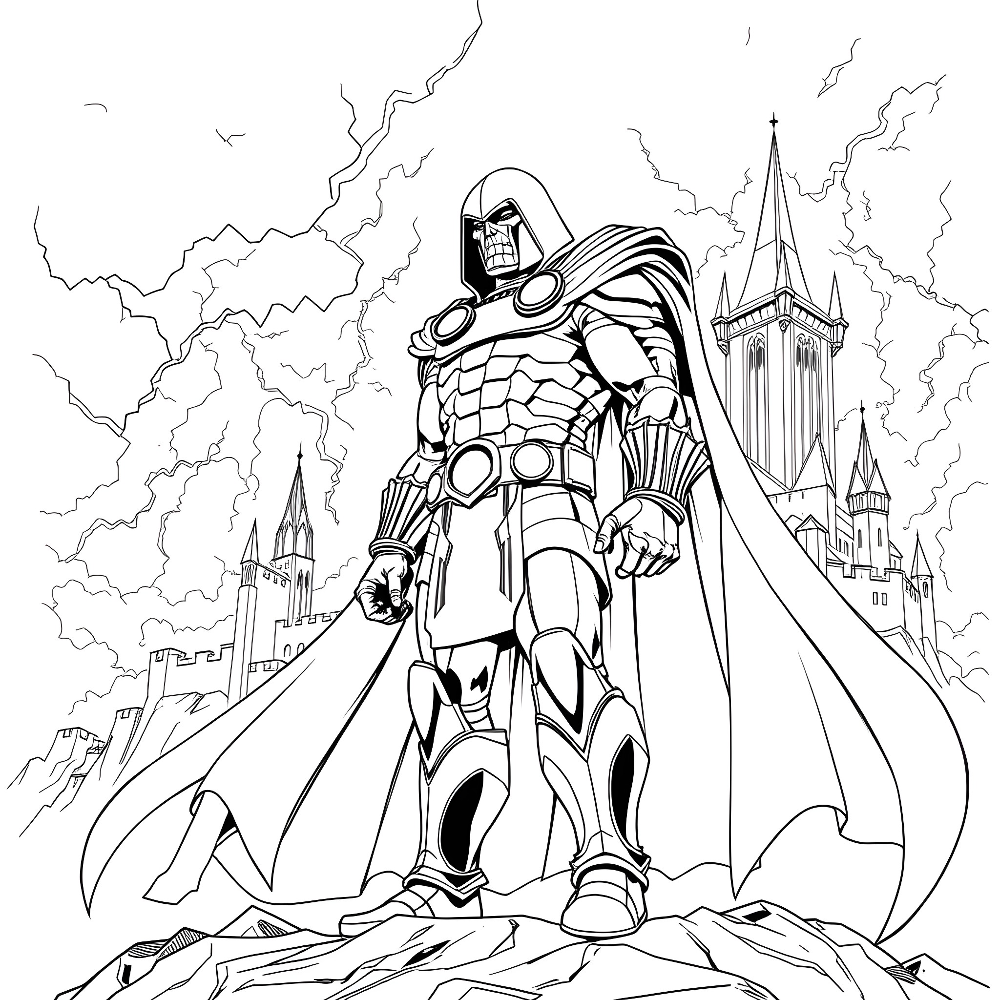 Doctor Doom Stands Tall in Dramatic Pose Against Ominous Backdrop Coloring Page (free black-and-white line drawing printable PDF for all, from beginners to advanced learners, including children, teens, adults, and seniors)