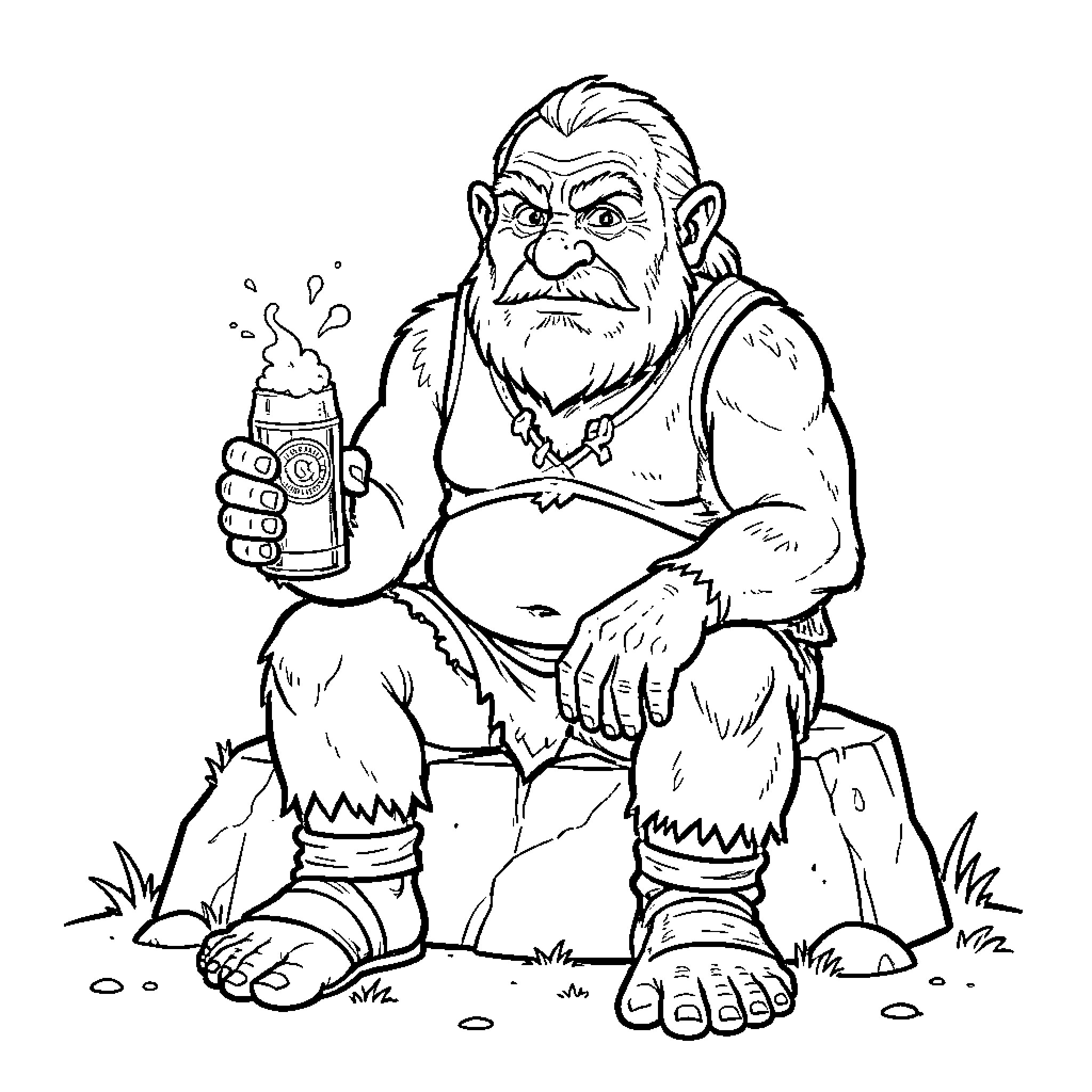 Ogre Drinking Soda and Relaxing Outdoors Coloring Page (free black-and-white line drawing printable PDF for all, from beginners to advanced learners, including children, teens, adults, and seniors)