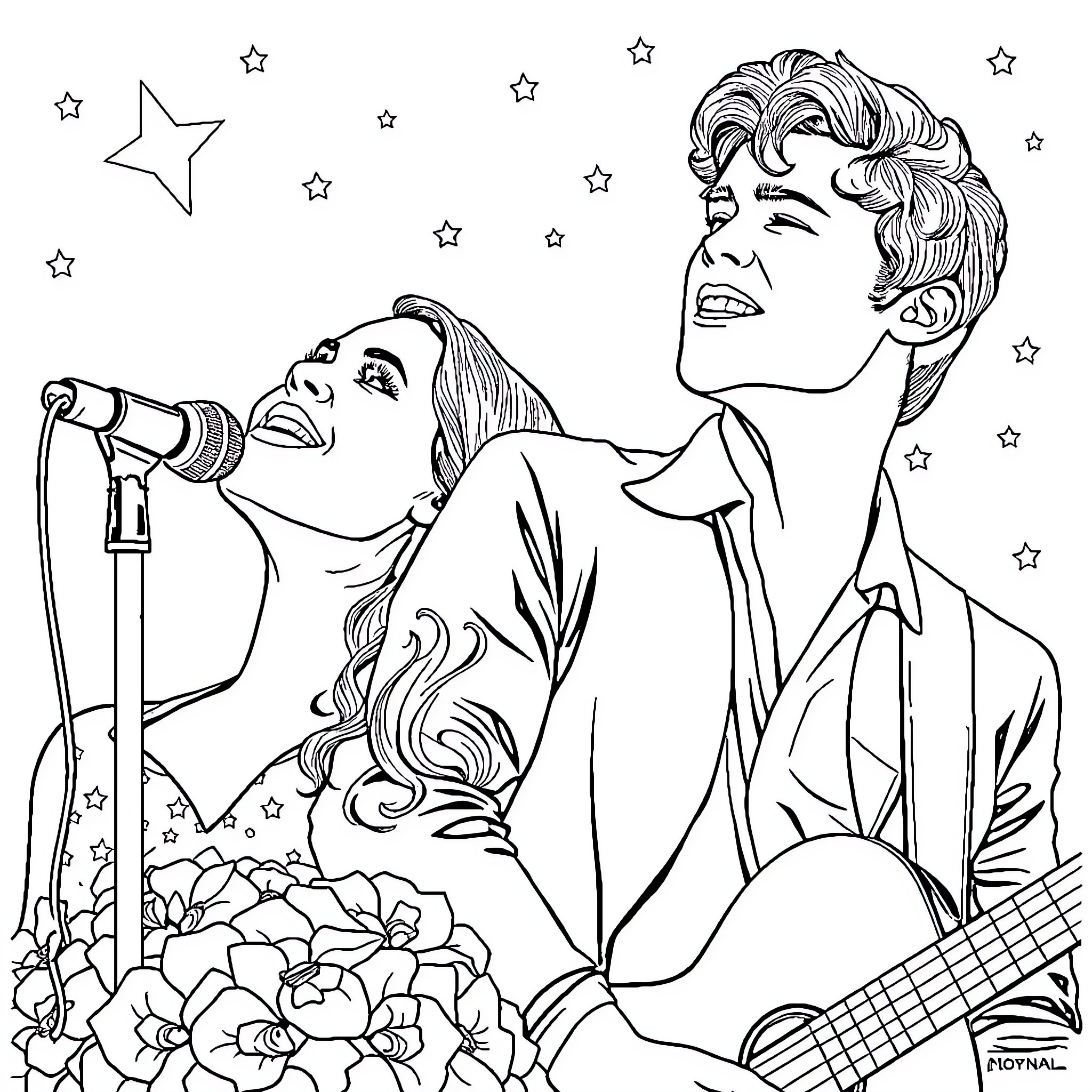Star Performers Singing and Playing Guitar on Stage Coloring Page (free black-and-white line drawing printable PDF for all, from beginners to advanced learners, including children, teens, adults, and seniors)