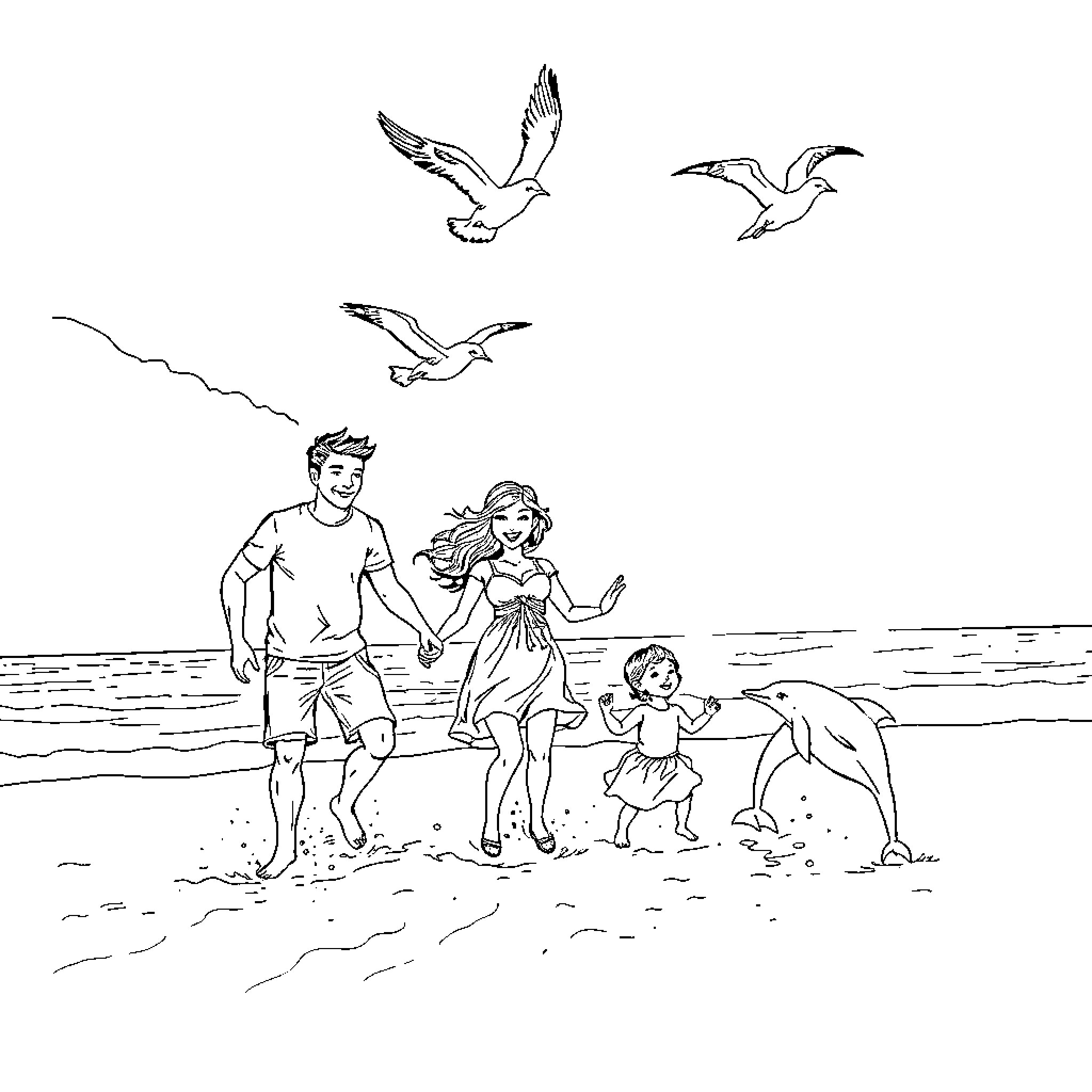 Family Enjoying a Day at the Beach Coloring Page (free black-and-white line drawing printable PDF for all, from beginners to advanced learners, including children, teens, adults, and seniors)