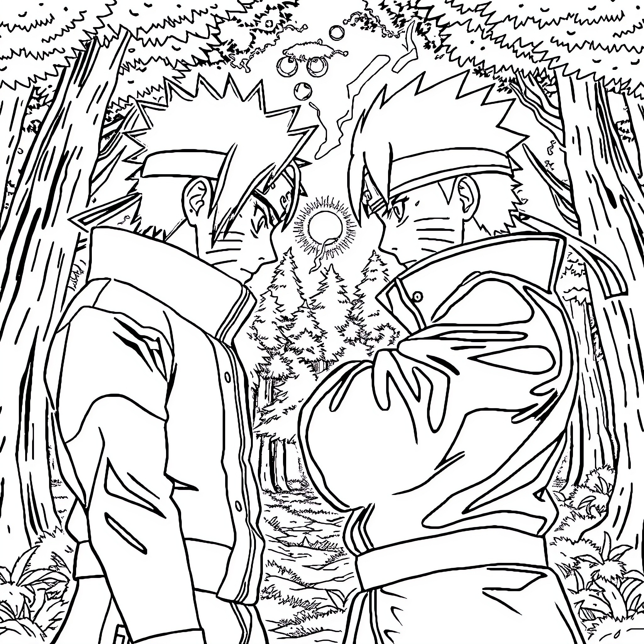 Naruto and Sasuke facing off in the forest Coloring Page (free black-and-white line drawing printable PDF for all, from beginners to advanced learners, including children, teens, adults, and seniors)