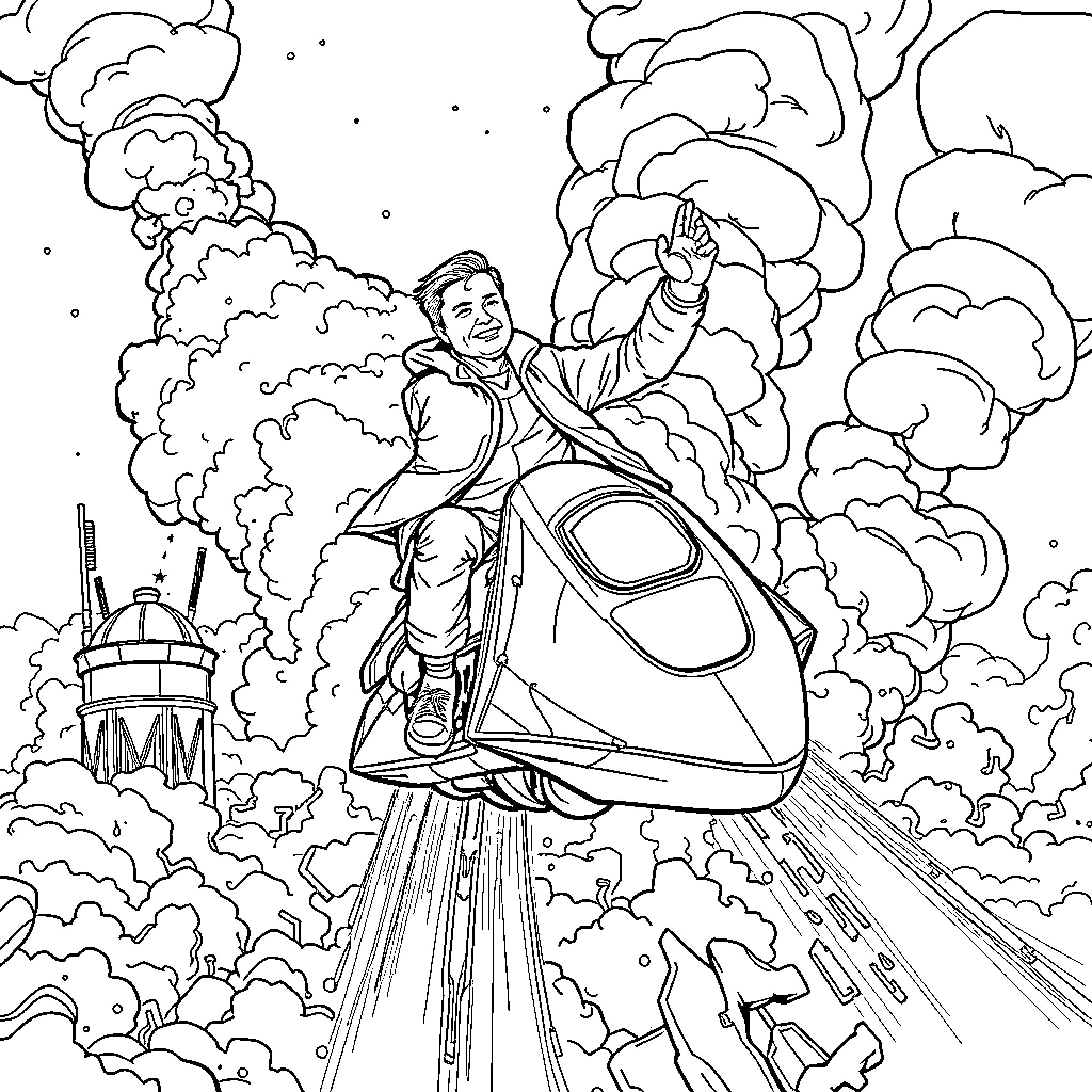 Elon Musk's futuristic flight in a high-tech vehicle Coloring Page (free black-and-white line drawing printable PDF for all, from beginners to advanced learners, including children, teens, adults, and seniors)