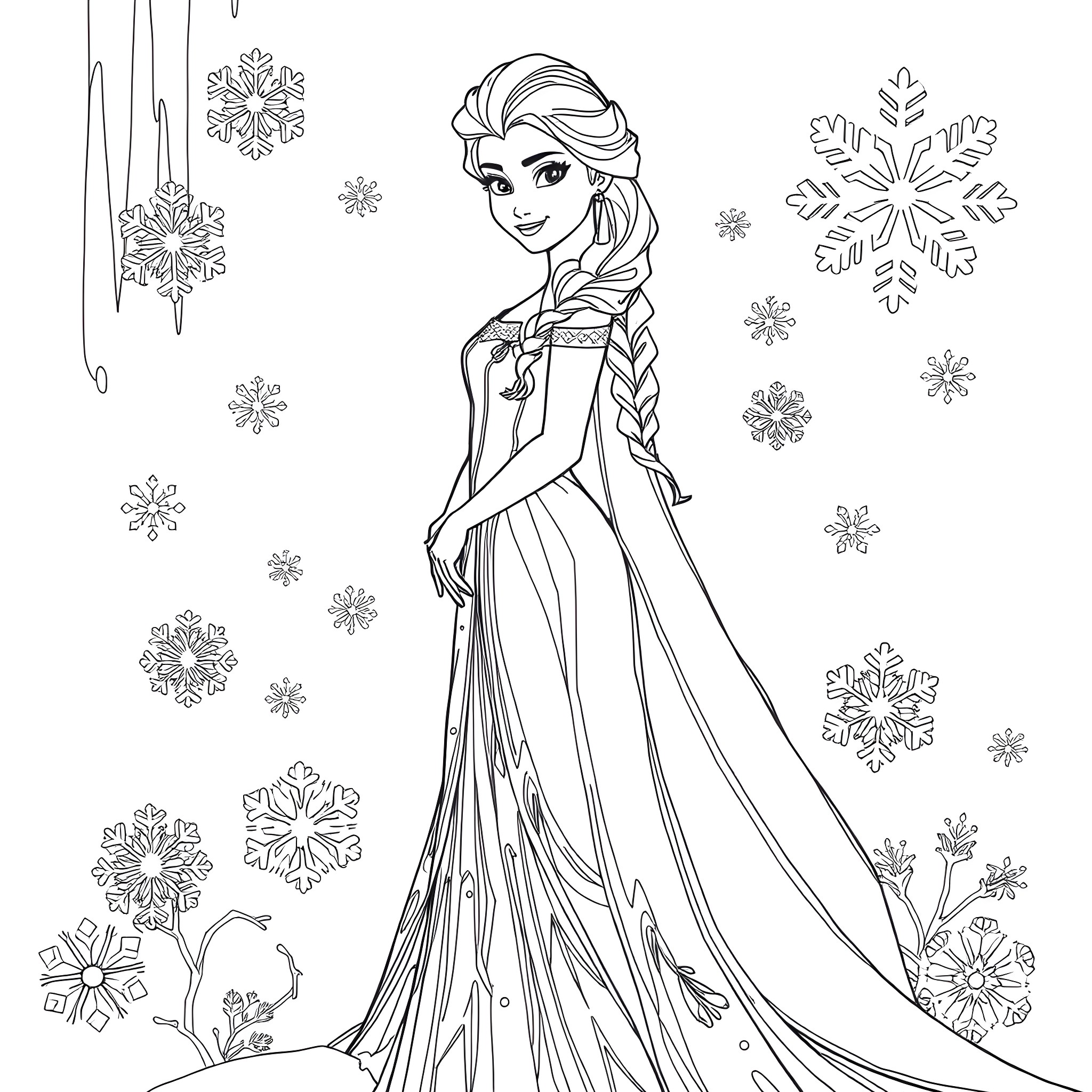Elsa in a snowy winter wonderland Coloring Page (free black-and-white line drawing printable PDF for all, from beginners to advanced learners, including children, teens, adults, and seniors)