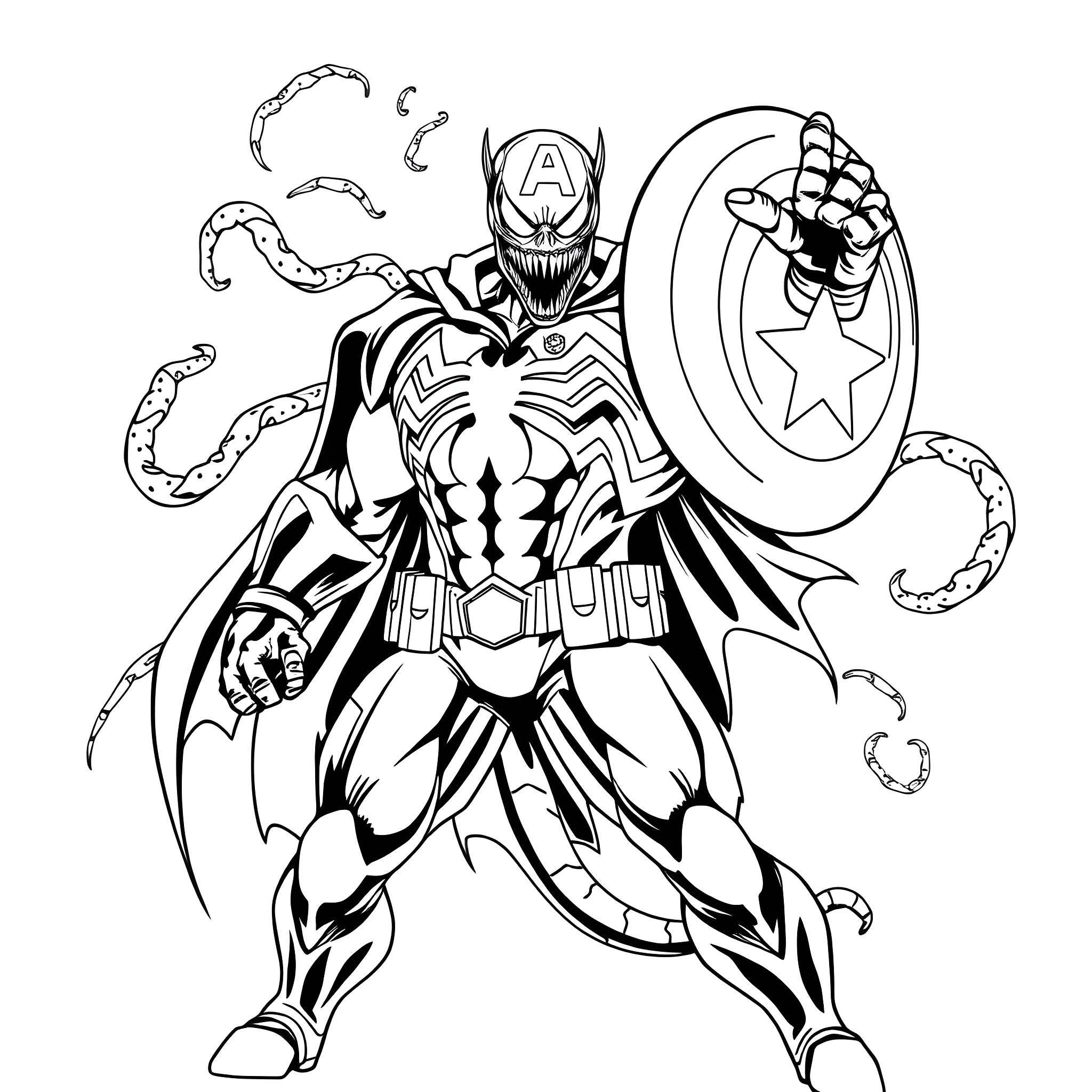 Captain Venom battles with shield and claws Coloring Page (free black-and-white line drawing printable PDF for all, from beginners to advanced learners, including children, teens, adults, and seniors)