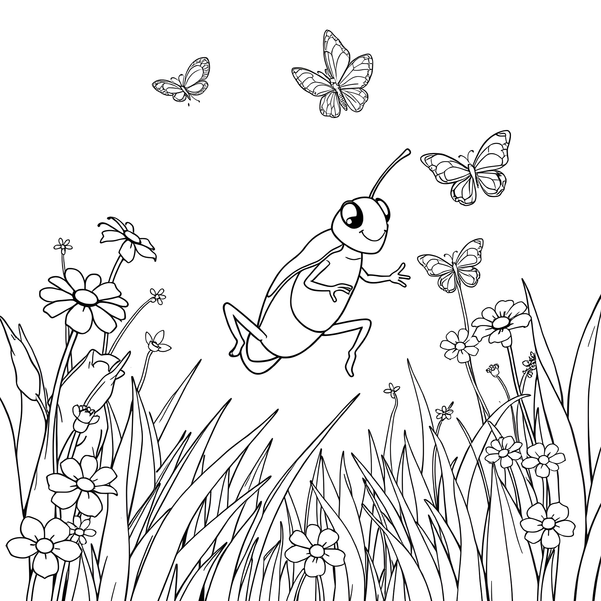 Grasshopper hopping among flowers and butterflies Coloring Page (free black-and-white line drawing printable PDF for all, from beginners to advanced learners, including children, teens, adults, and seniors)