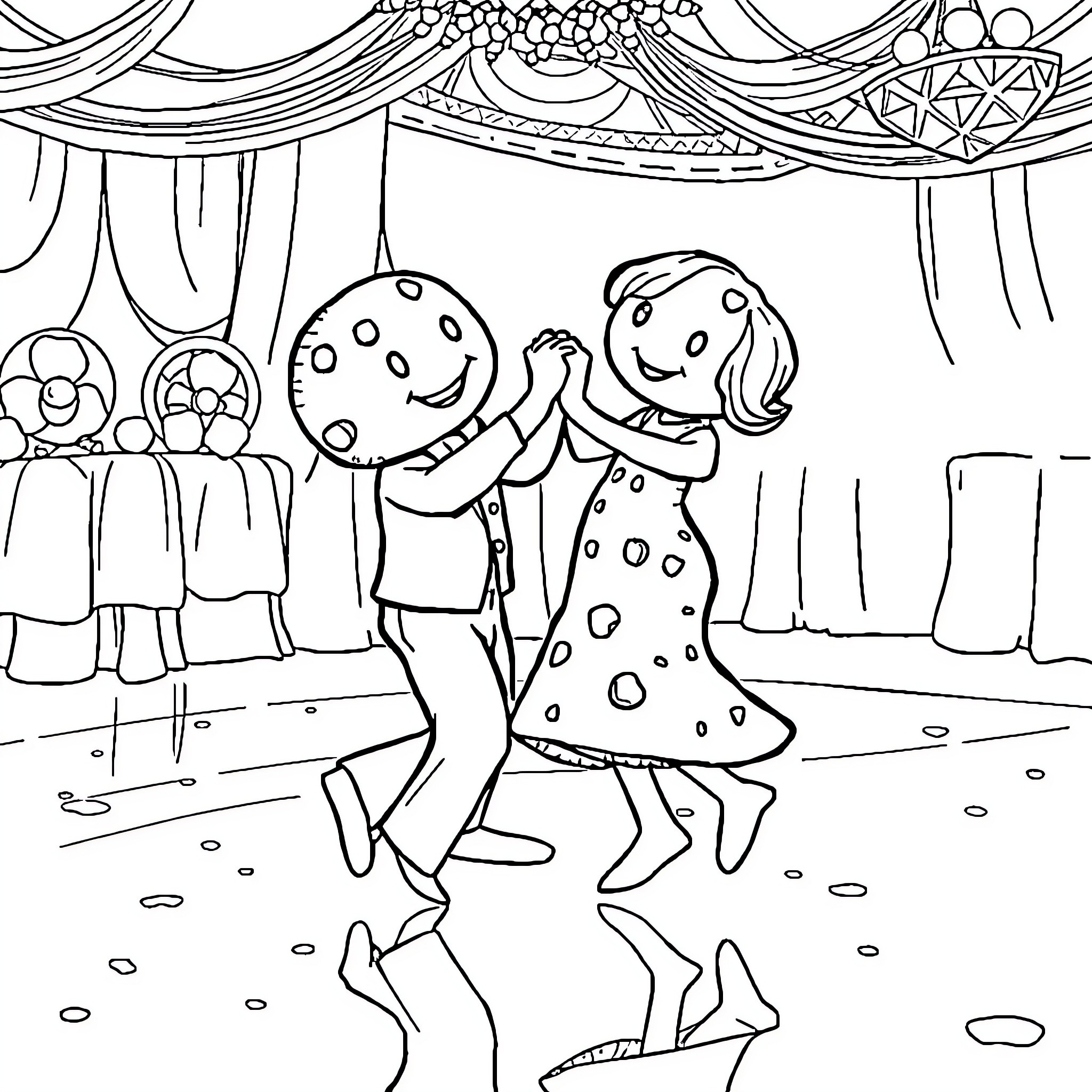 Cookie Dance Party at the Circus Coloring Page (free black-and-white line drawing printable PDF for all, from beginners to advanced learners, including children, teens, adults, and seniors)