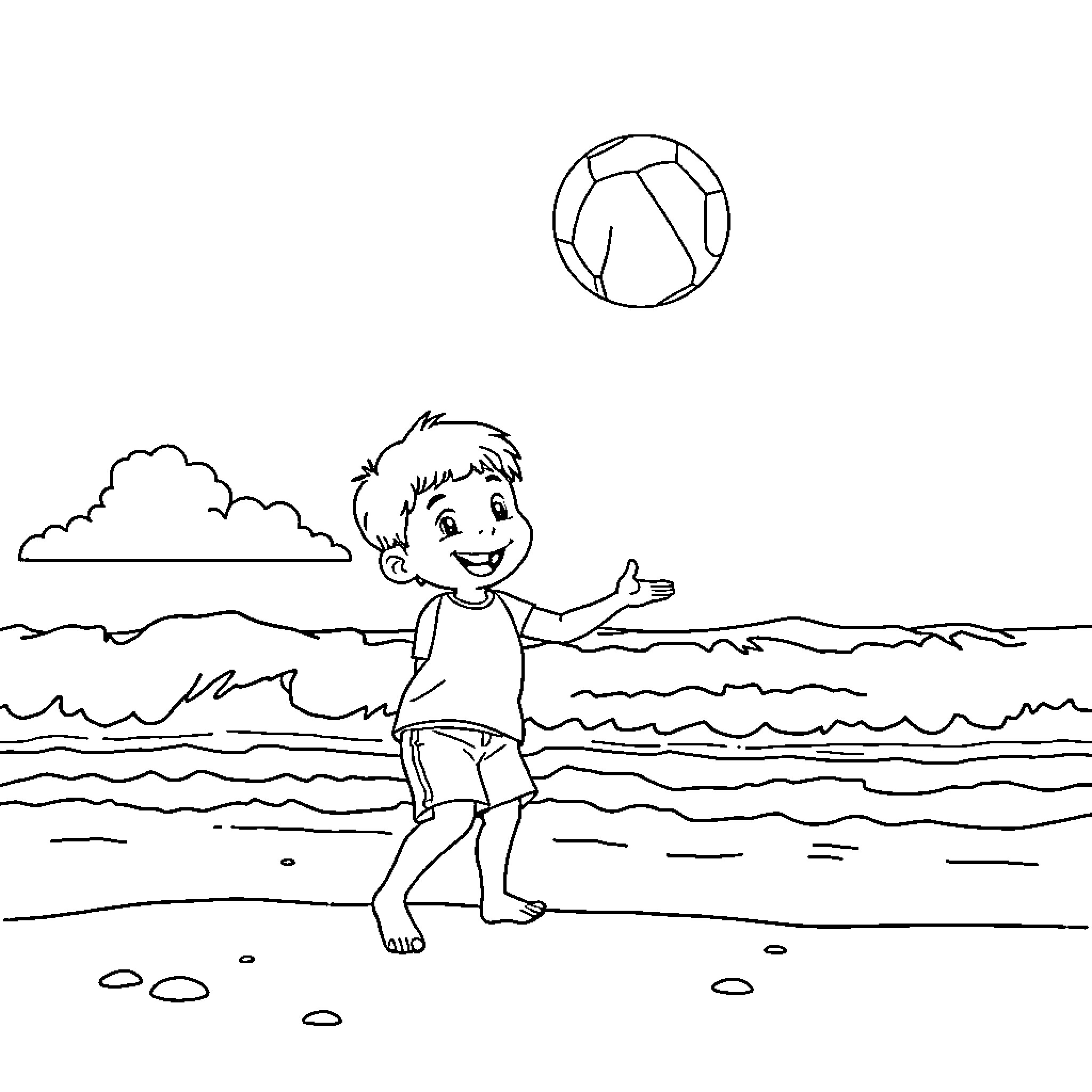 Kid playing with ball on the beach Coloring Page (free black-and-white line drawing printable PDF for all, from beginners to advanced learners, including children, teens, adults, and seniors)
