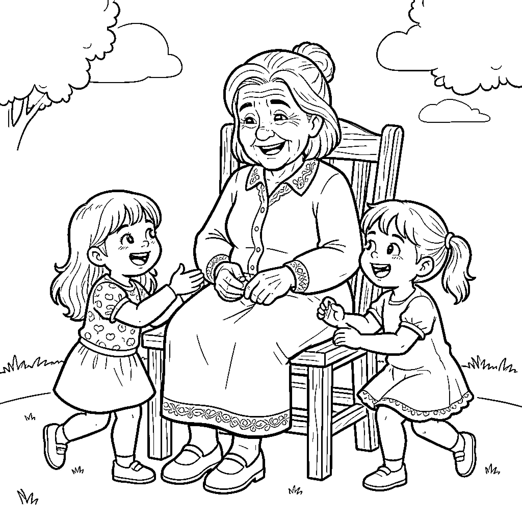 Meme of two children smiling at a seated grandmother Coloring Page (free black-and-white line drawing printable PDF for all, from beginners to advanced learners, including children, teens, adults, and seniors)