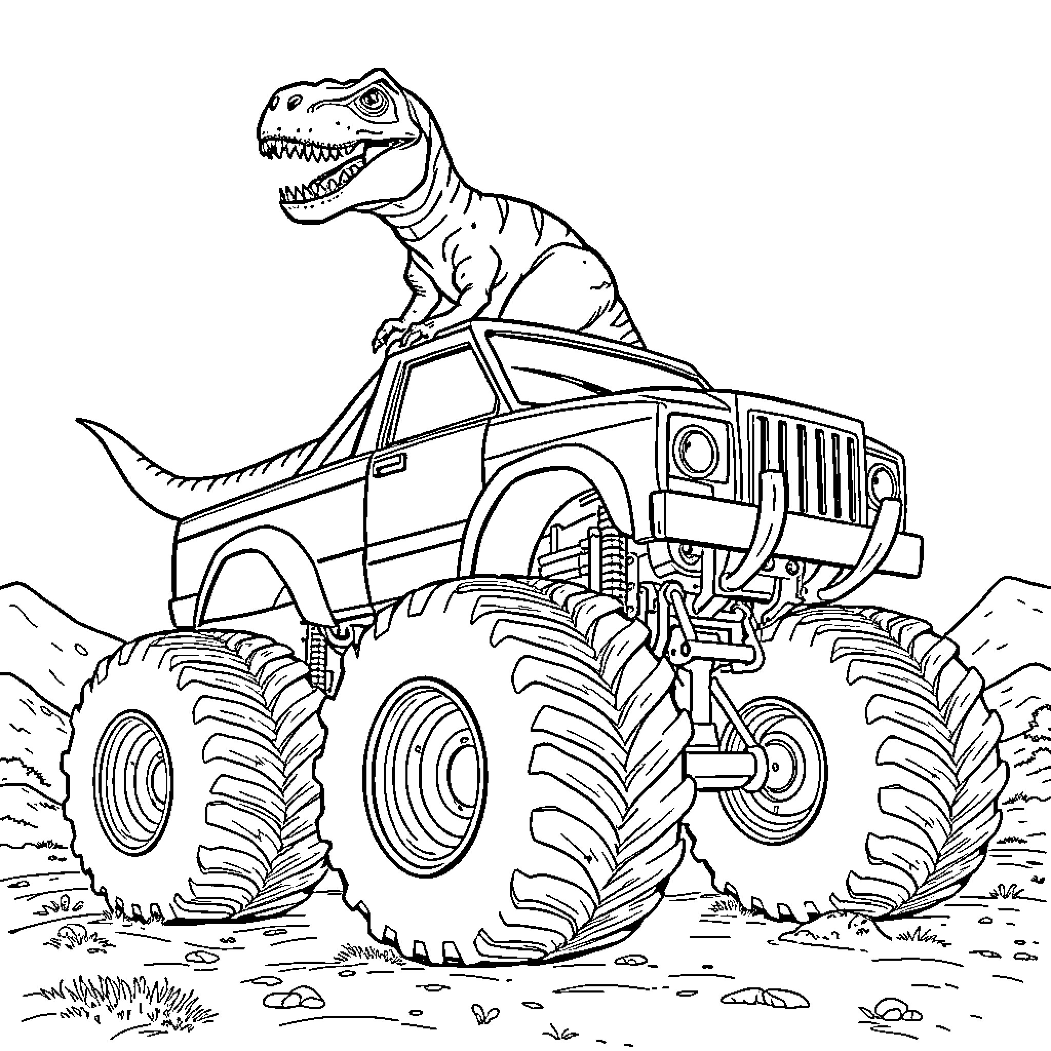 T-Rex riding a monster truck in the wild Coloring Page (free black-and-white line drawing printable PDF for all, from beginners to advanced learners, including children, teens, adults, and seniors)