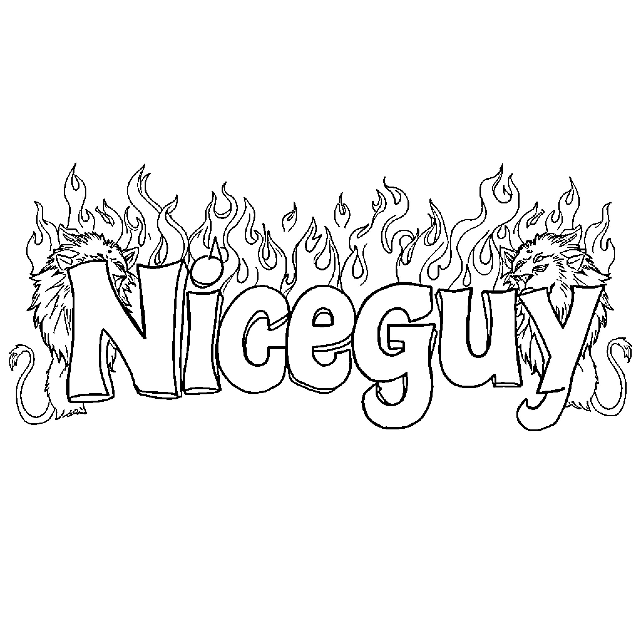 Niceguy with fiery text and flames Coloring Page (free black-and-white line drawing printable PDF for all, from beginners to advanced learners, including children, teens, adults, and seniors)