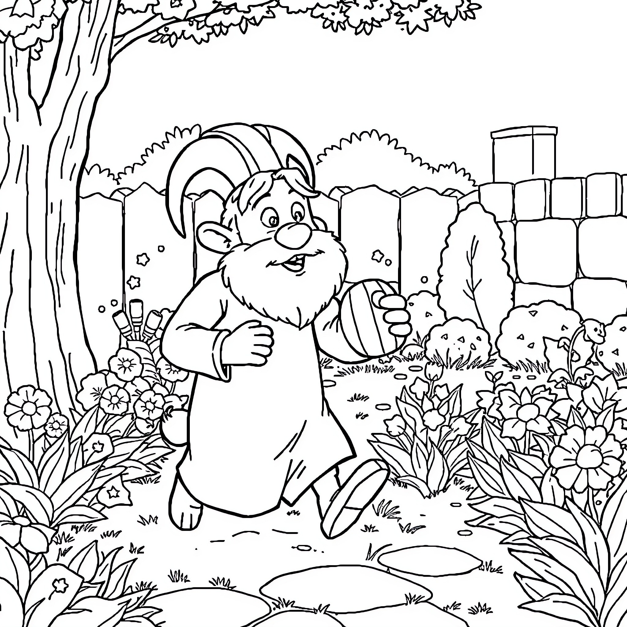 Pastor Alemán relaxing in a vibrant garden Coloring Page (free black-and-white line drawing printable PDF for all, from beginners to advanced learners, including children, teens, adults, and seniors)