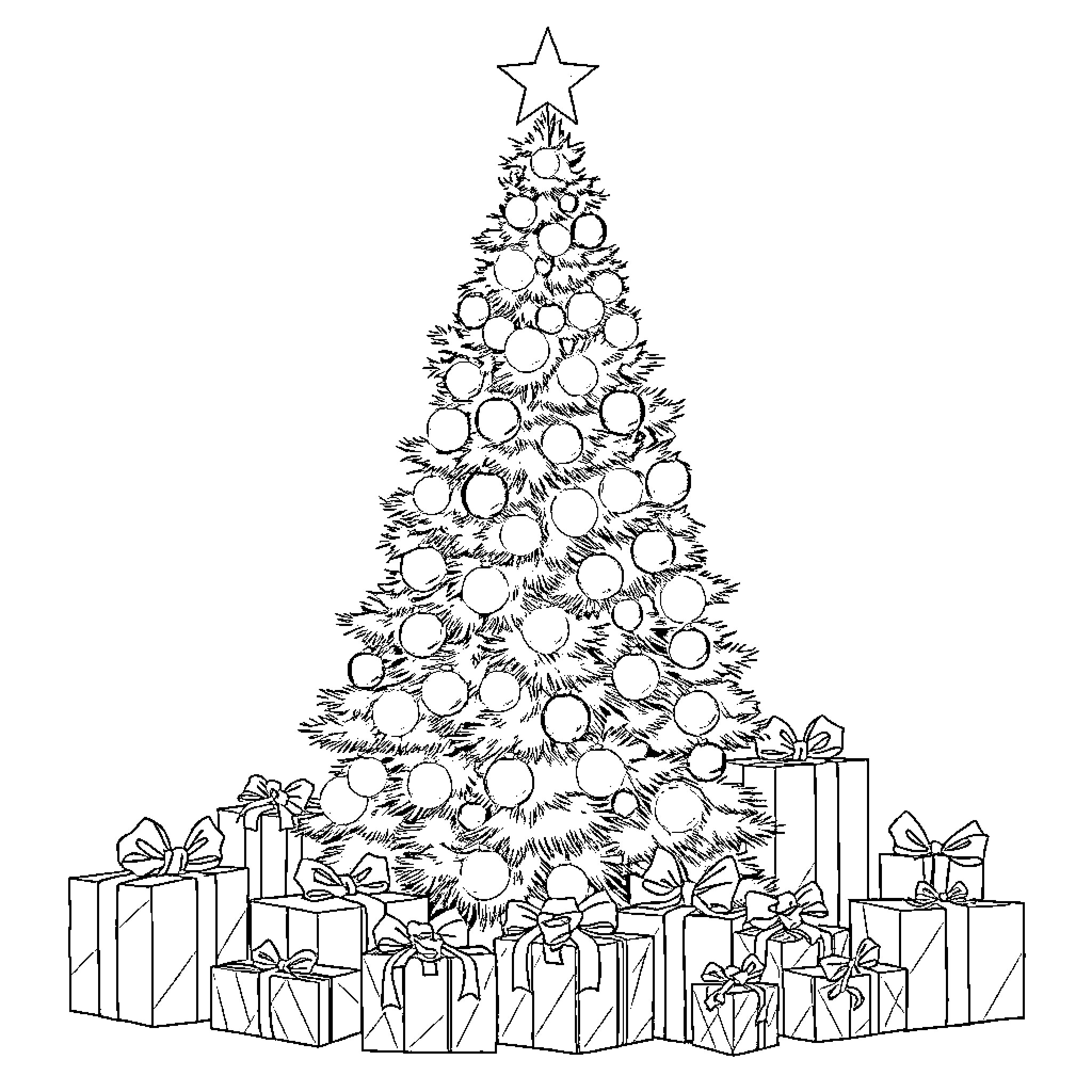 Christmas Tree adorned with presents and decorations Coloring Page (free black-and-white line drawing printable PDF for all, from beginners to advanced learners, including children, teens, adults, and seniors)