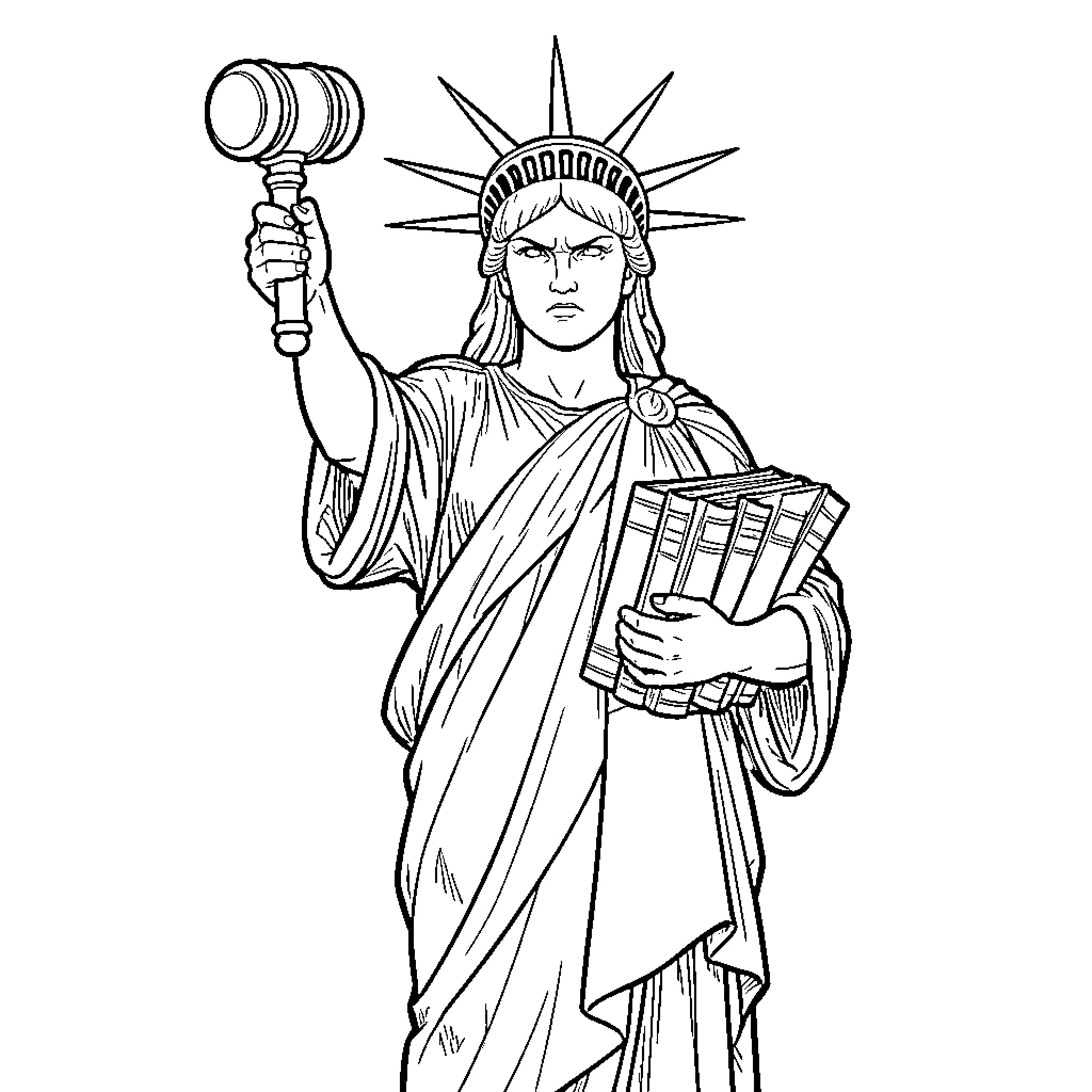 Statue Of Liberty holding a gavel and law books Coloring Page (free black-and-white line drawing printable PDF for all, from beginners to advanced learners, including children, teens, adults, and seniors)